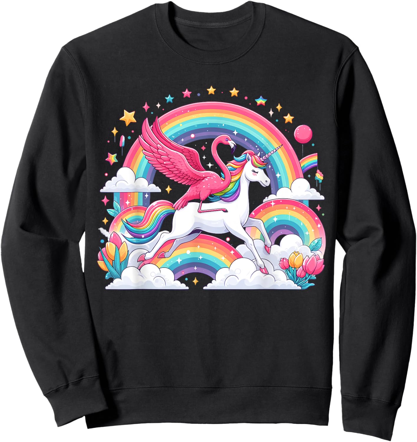 Flamingo Riding Unicorn Galaxy Rainbow Lover Girl Women Sweatshirt - Sweatshirt | Black