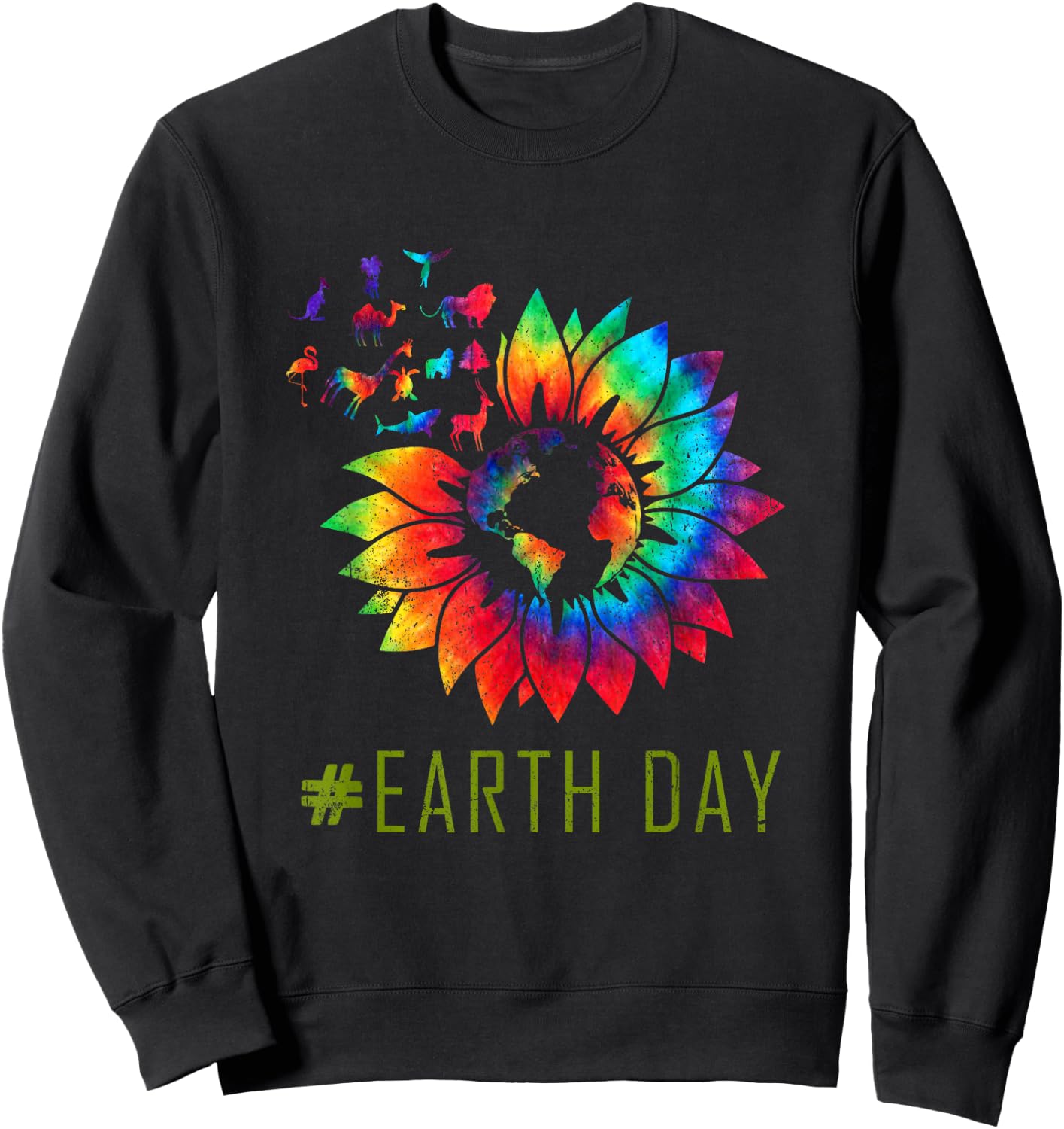 Earth Day Hippie Tie Dye Sunflower Earth Animals Outfit Sweatshirt - Sweatshirt | Black
