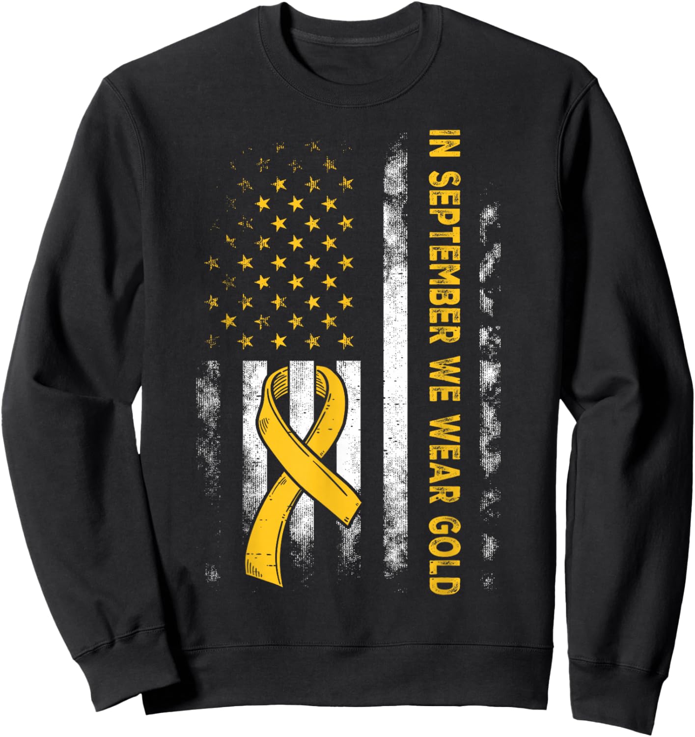 In September We Wear Gold Us Flag Childhood Cancer Awareness Sweatshirt - Sweatshirt | Black