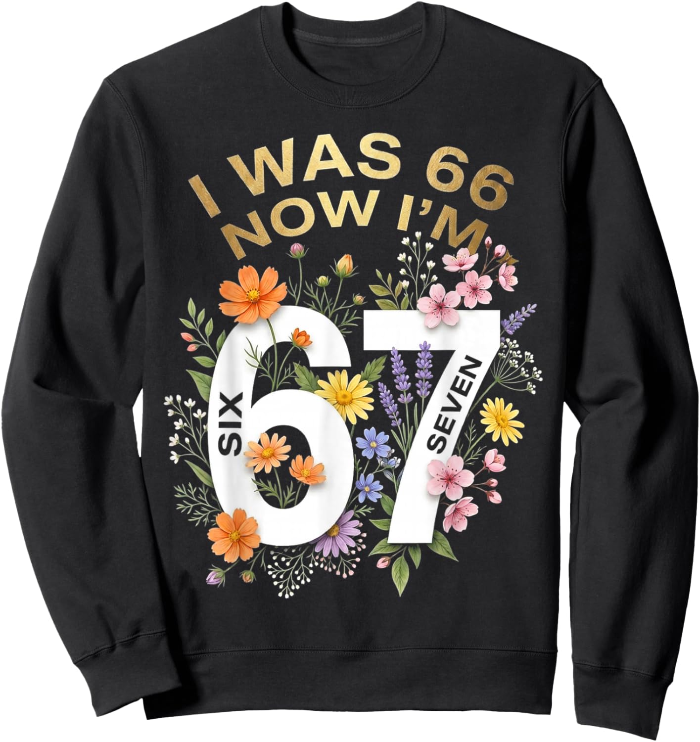 I was 66 Now I’m 67 Years Old Funny Floral Retro Vintage Sweatshirt - Sweatshirt | Black