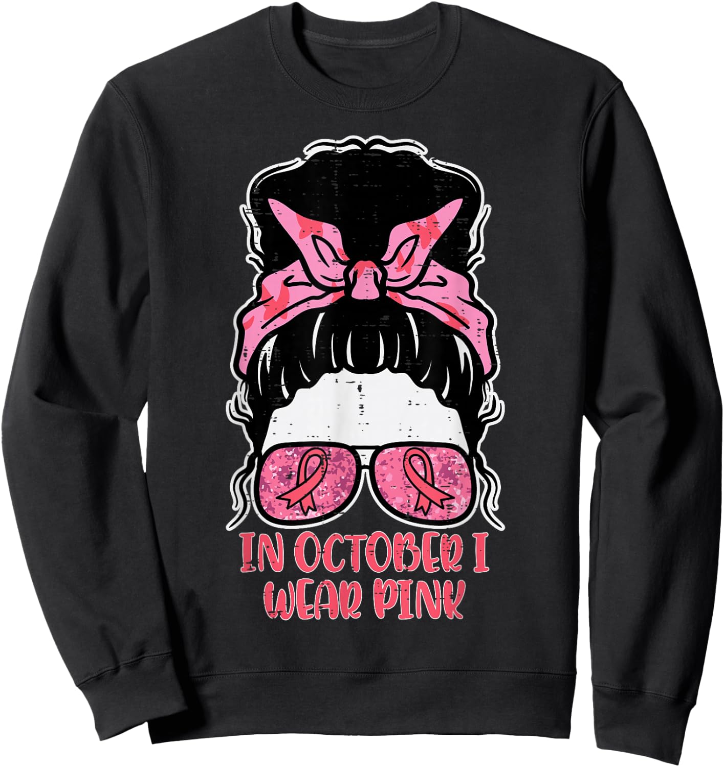 October We Wear Pink Hairbun Breast Cancer Awareness Women Sweatshirt - Sweatshirt | Black
