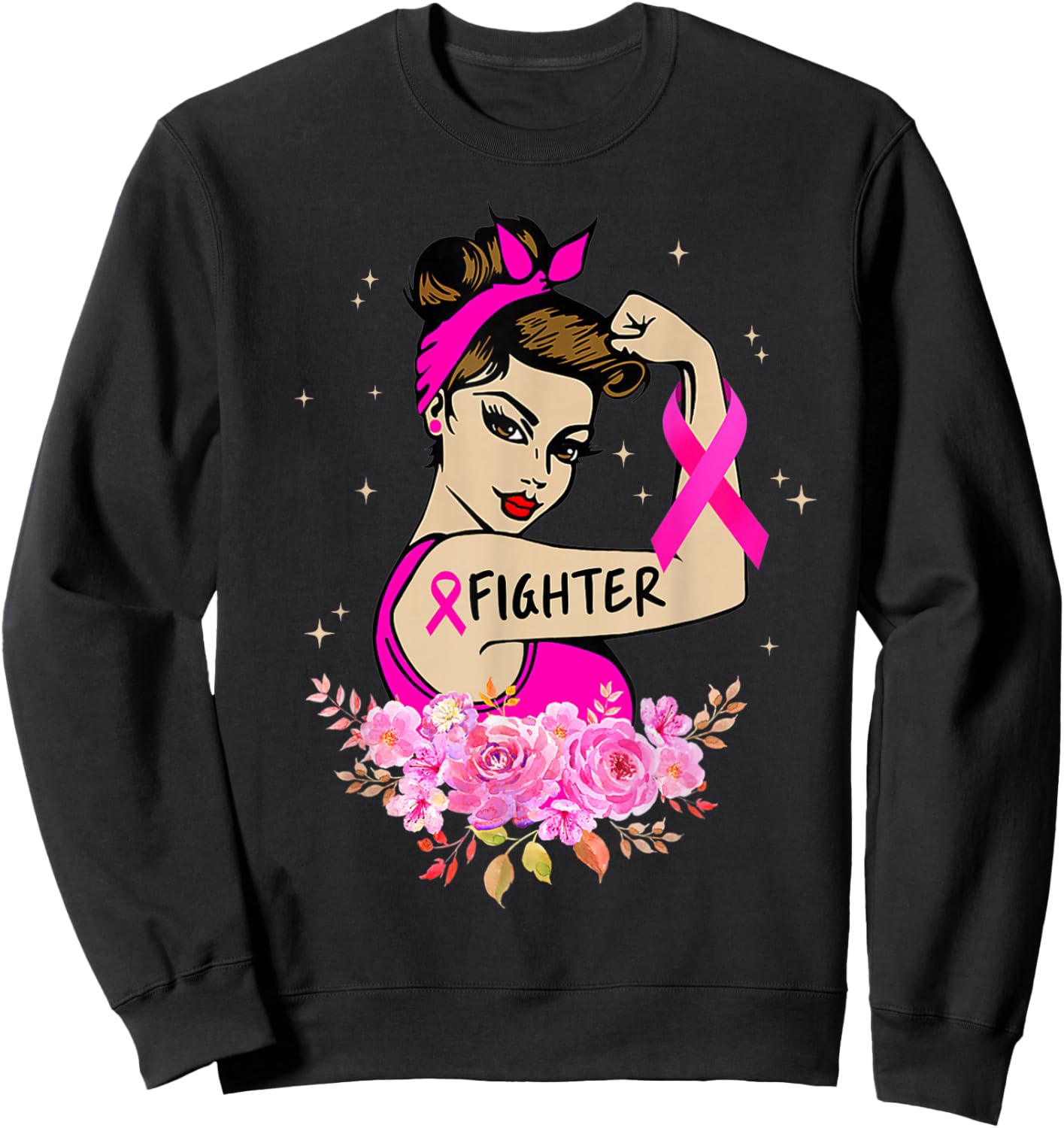 Breast Cancer Fighter Rosie Riveter Pink Ribbon Women Girls Sweatshirt - Sweatshirt | Black