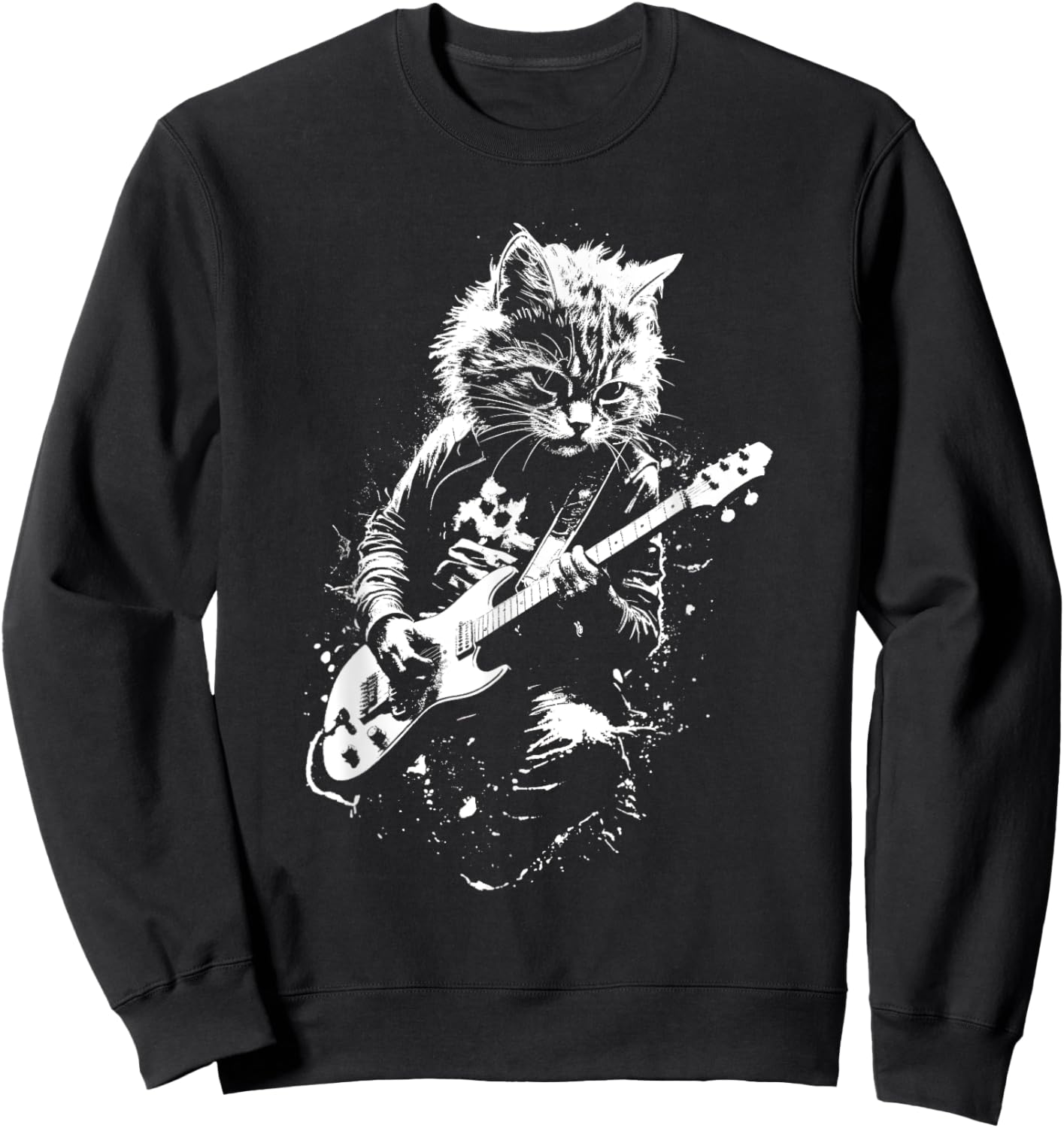 Distressed Cat Playing Guitar Punk Rock & Roll Vintage Women Kids Sweatshirt - Sweatshirt | Black