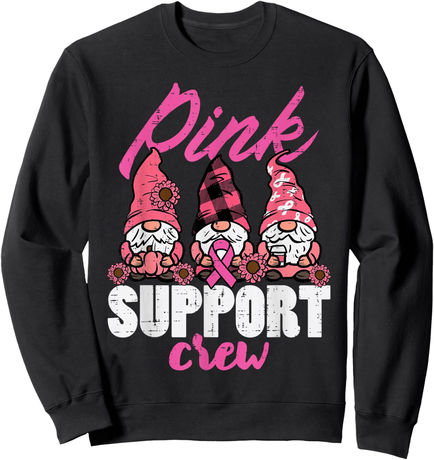 Breast Cancer Gnomes Pink Support Crew Aware Women Kids Men Sweatshirt - Sweatshirt | Black