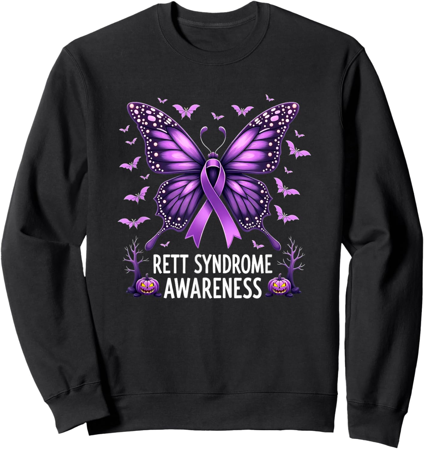 Purple Butterfly Rett Syndrome Awareness Halloween Sweatshirt - Sweatshirt | Black