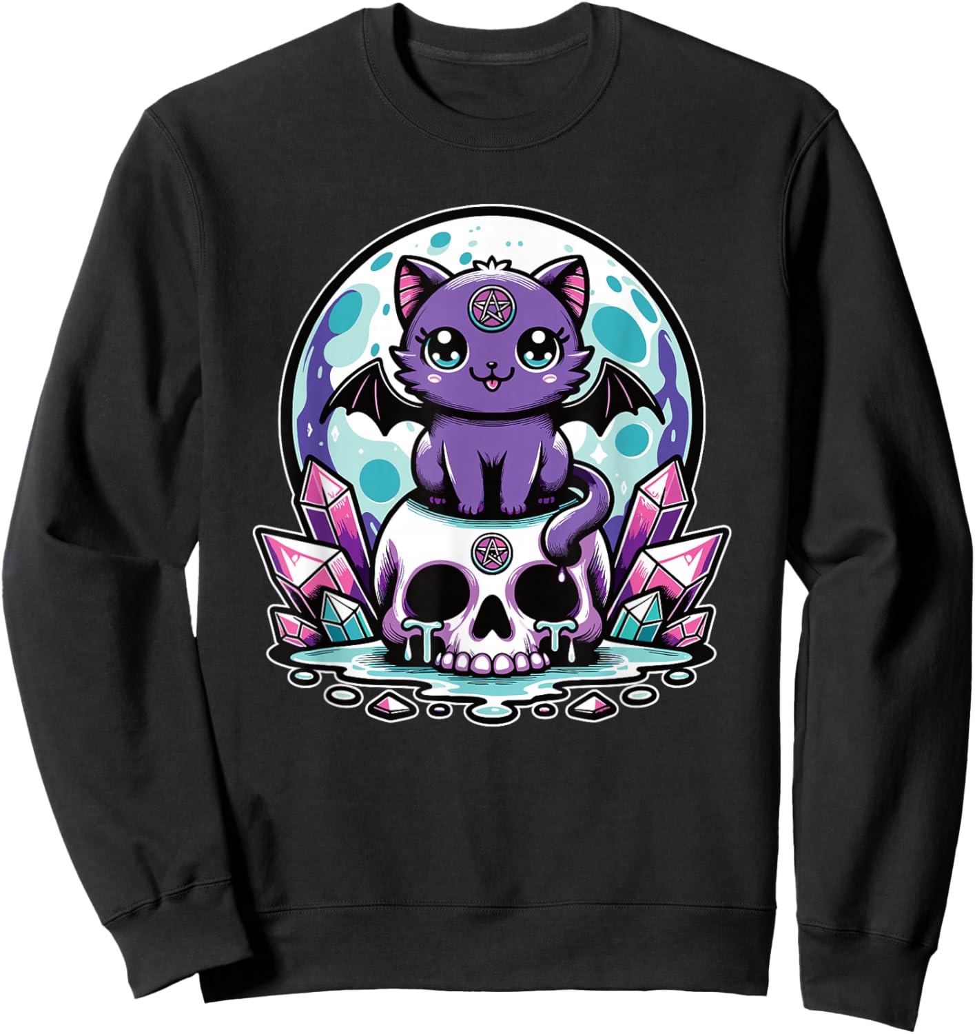 Kawaii Pastel Goth Cute Creepy Cat Bat Skeleton Sweatshirt - Sweatshirt | Black