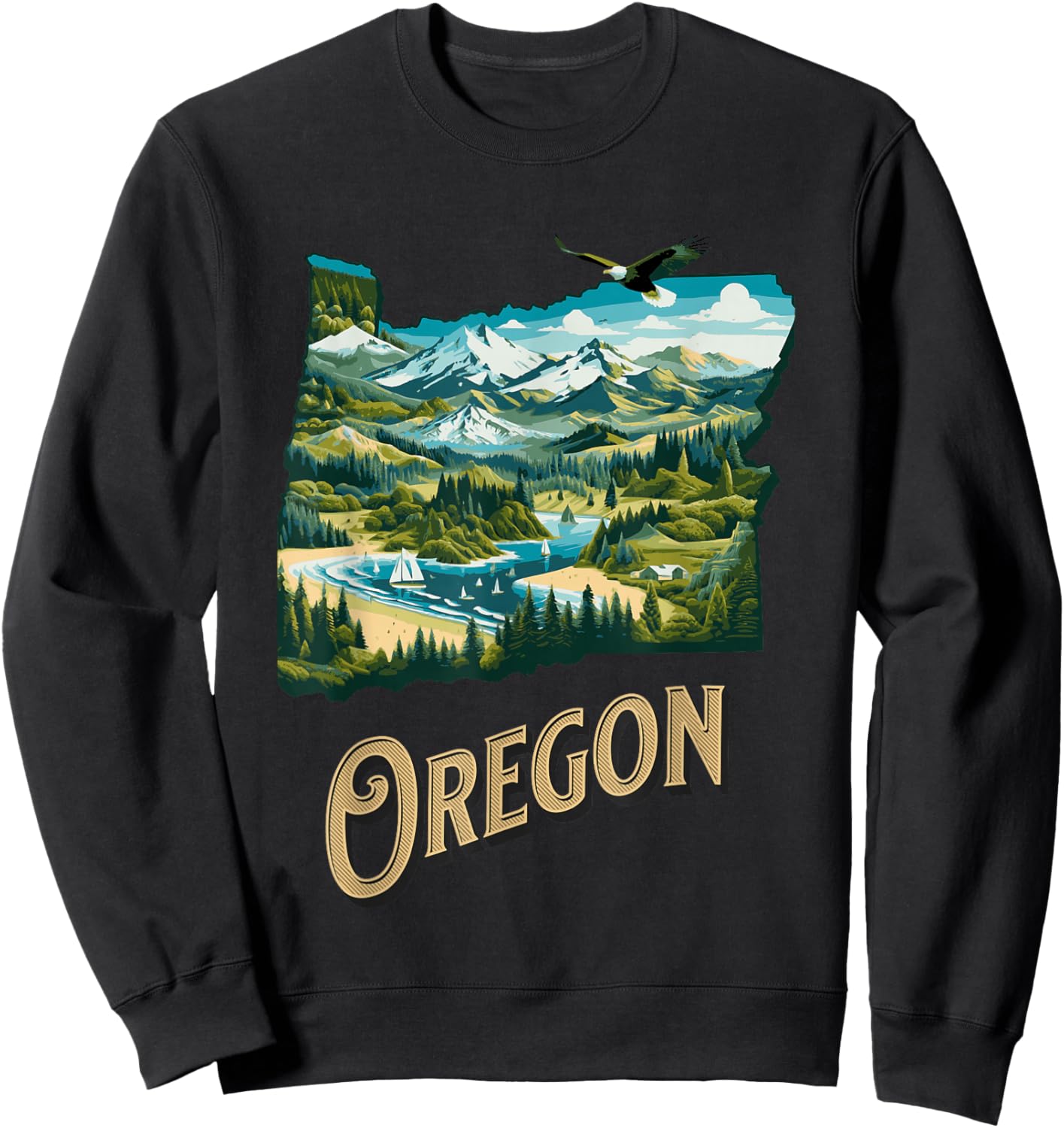 Oregon State PNW Nature Mt Hood Columbia River Eagle Forest Sweatshirt - Sweatshirt | Black