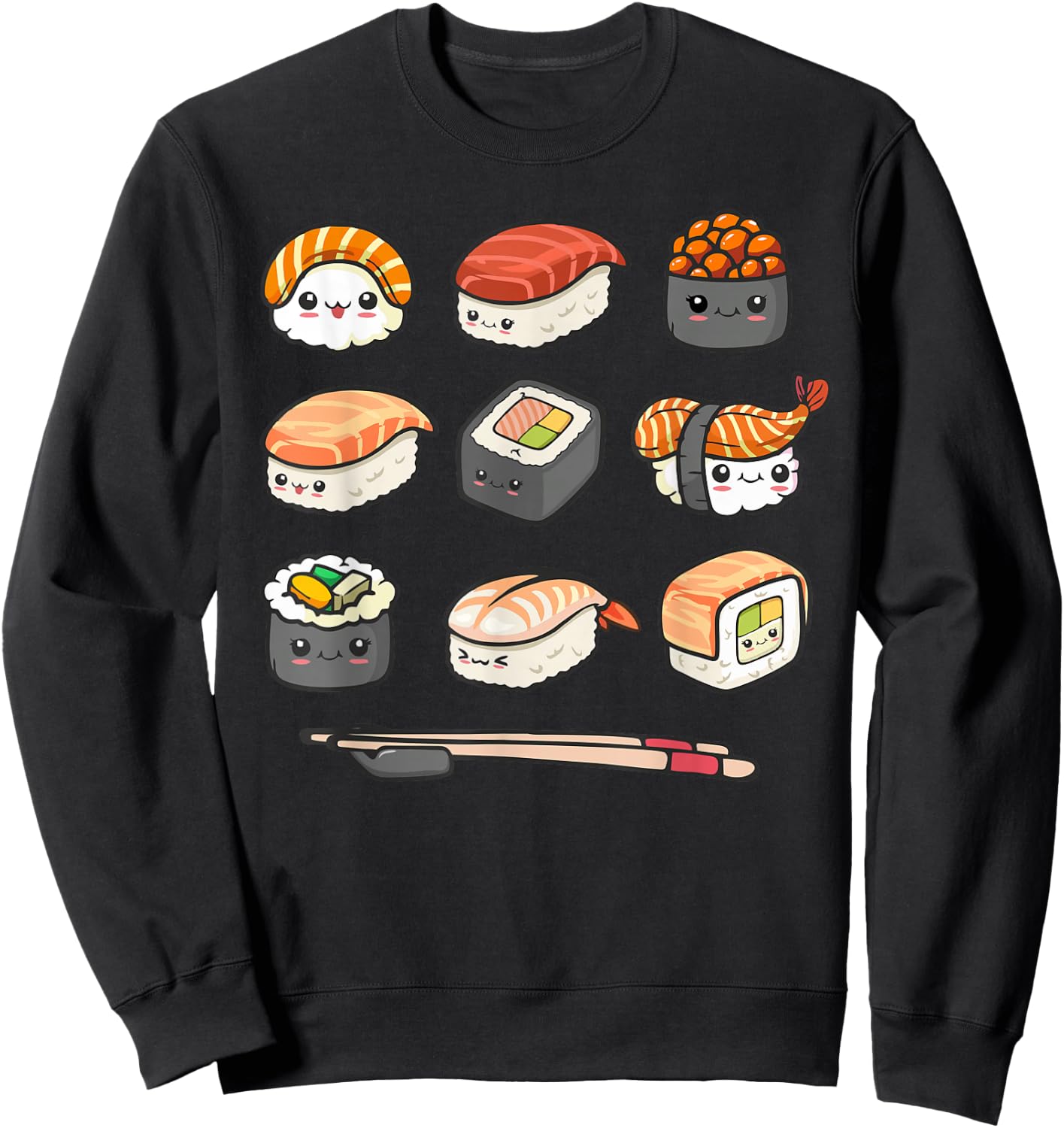 Happy Sushi Anime Kawaii Set Japanese Food Lover Otaku Manga Sweatshirt - Sweatshirt | Black