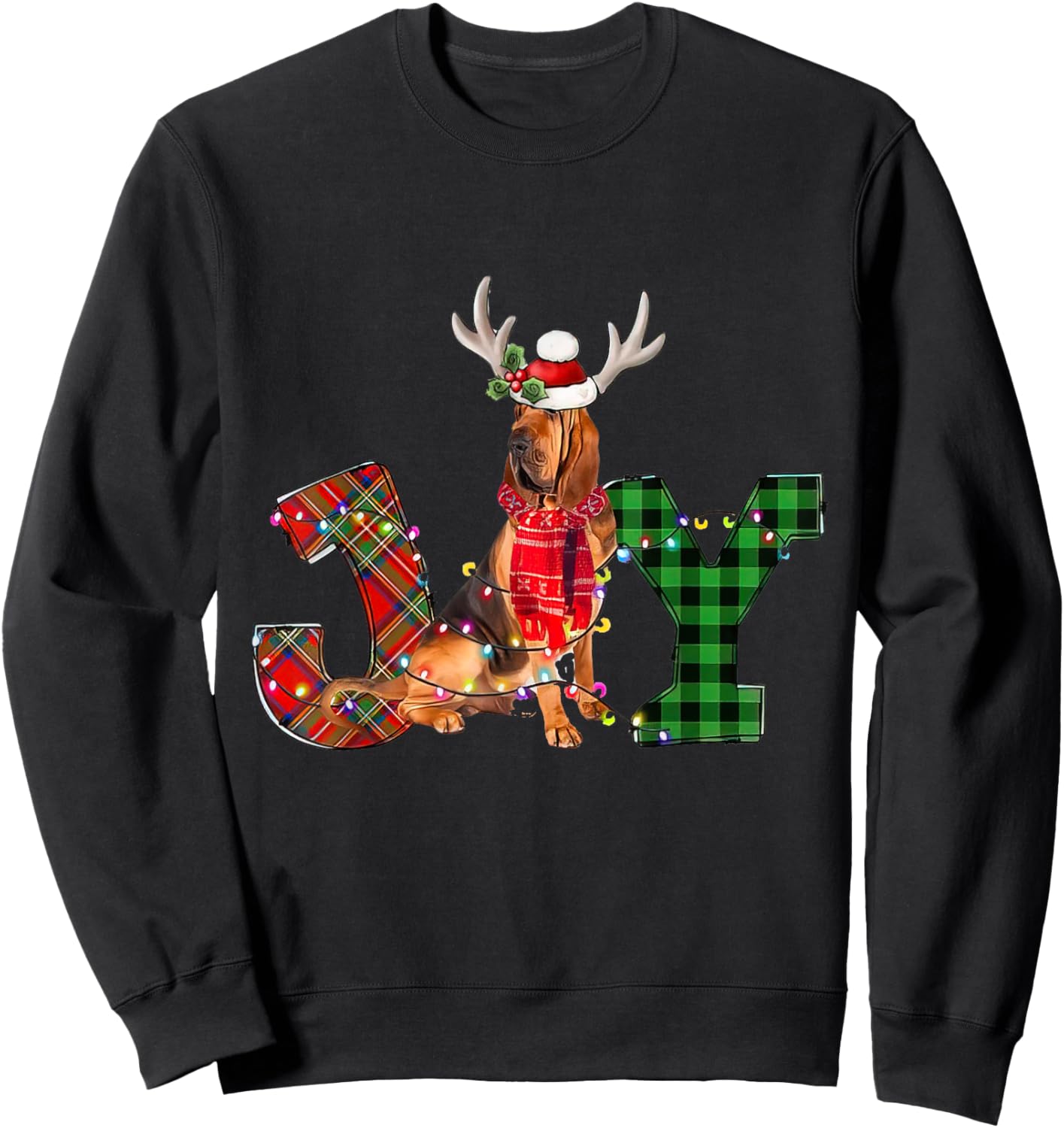 Joy Christmas Lights Bloodhound Dog Santa Hat Pajama Men Women Kids Sweatshirt - Sweatshirt | Black
