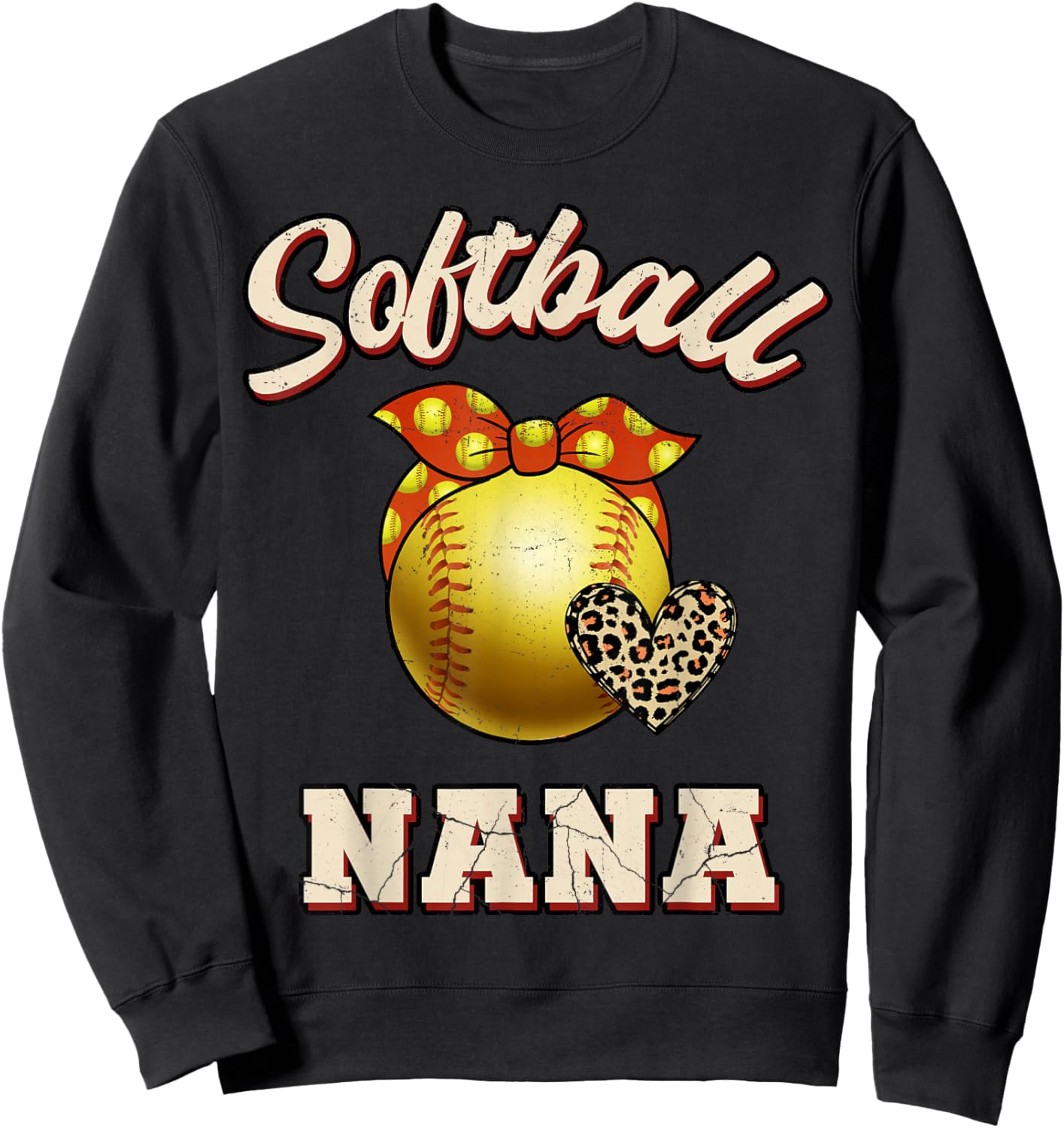 Softball Nana Leopard Heart Fans Mother's Day Gift Sweatshirt - Sweatshirt | Black