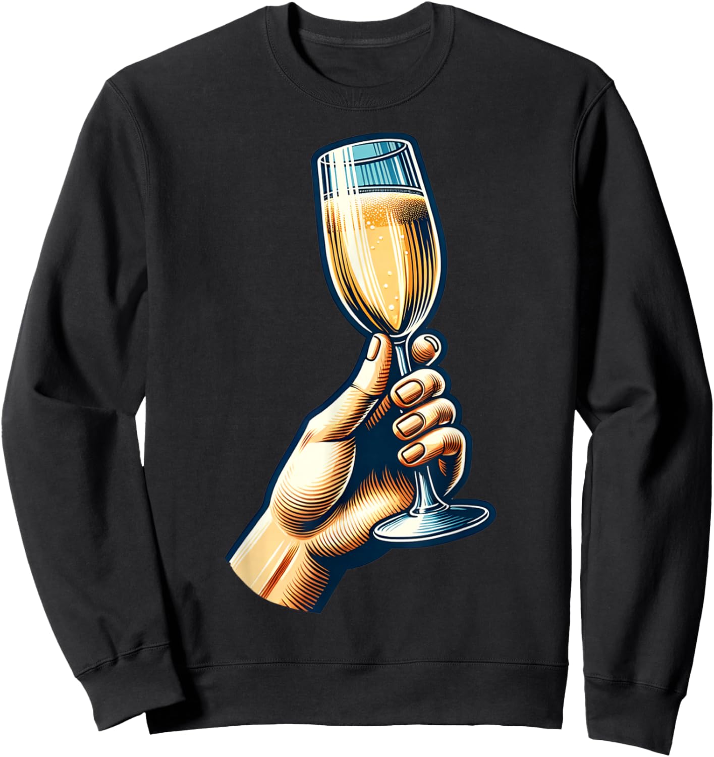 Hand Holding Champagne Glass Cheerful Toast Illustration Sweatshirt - Sweatshirt | Black