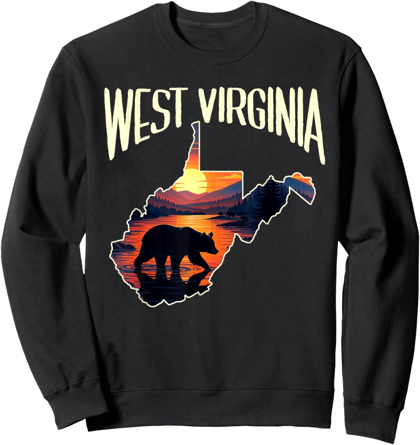 West Virginia State Map Traveling Souvenir Black Bear Sunset Sweatshirt - Sweatshirt | Black