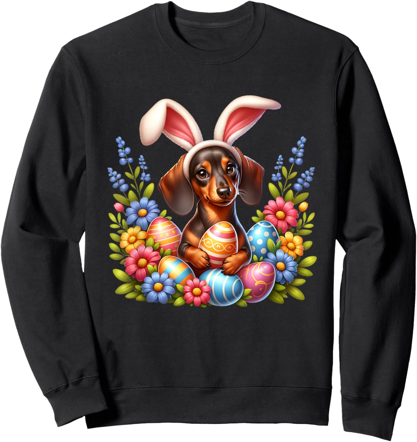 Dachshund Easter Dog Bunny Ears Easter Eggs Spring Flowers Sweatshirt - Sweatshirt | Black