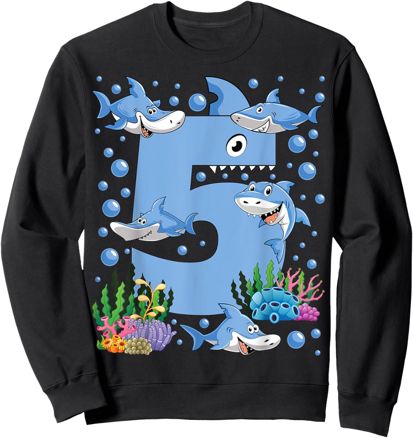 Kids 5 Years Old Shark Ocean Theme 5th Birthday Boy Party Sweatshirt - Sweatshirt | Black