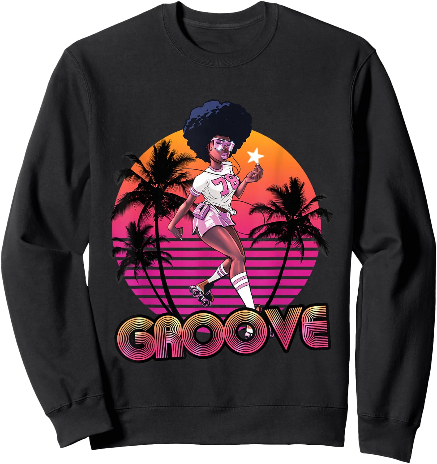 Afro Groove Roller Skates Retro 80s 70s Disco Funk Star Sweatshirt - Sweatshirt | Black