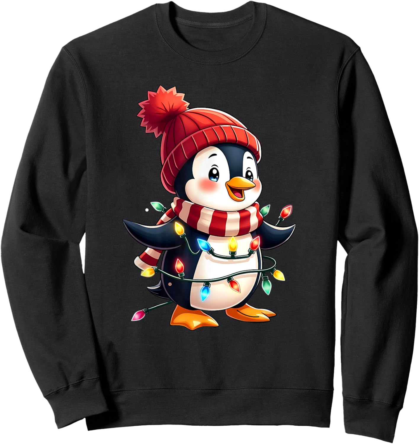 Cute Christmas Penguin Wrapped in Lights Holiday Design Sweatshirt - Sweatshirt | Black