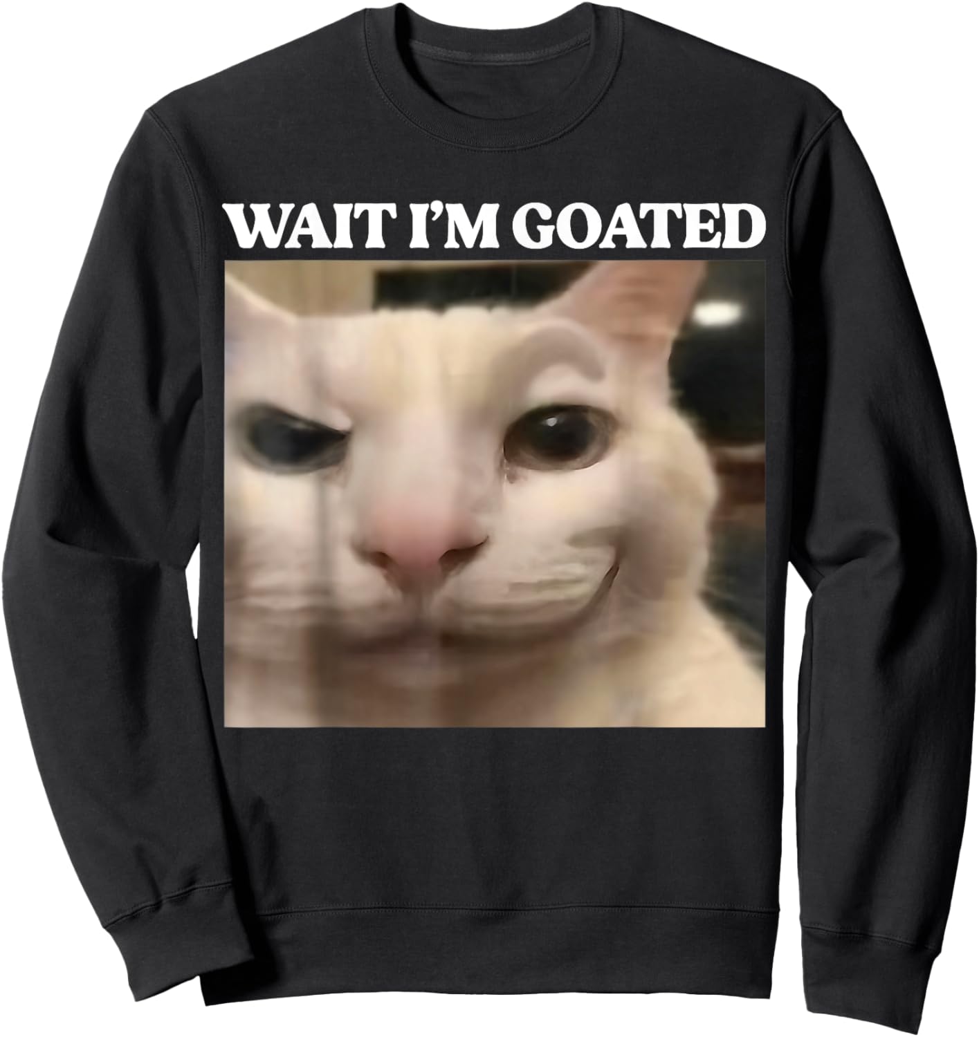 Wait I'm Goated Cat Funny Silly Cat Staring Cat Funny Meme Sweatshirt - Sweatshirt | Black