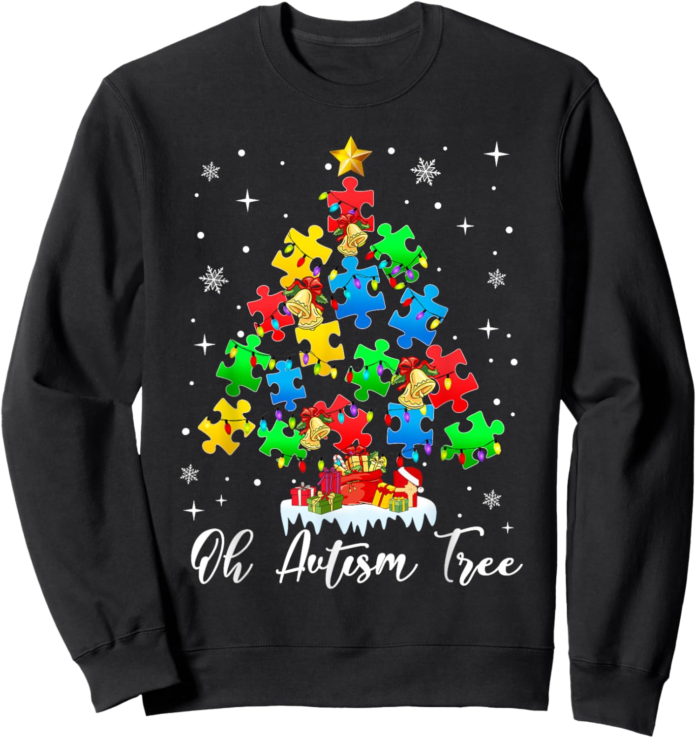 Autism Awareness Christmas Tree Holiday Gifts Black Short Sleeve Small Sweatshirt - Sweatshirt | Black