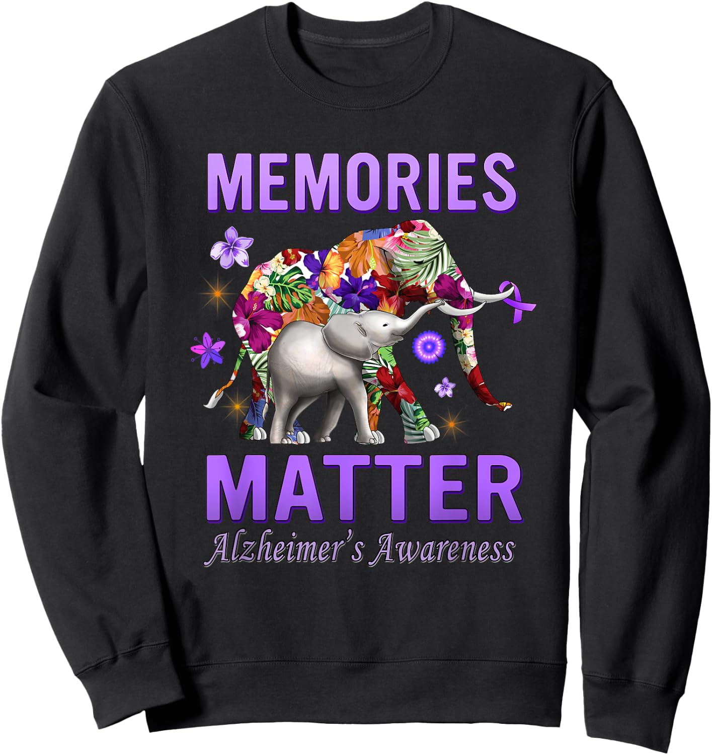 Alzheimers Awareness Memories Matter Purple Elephant Sweatshirt - Sweatshirt | Black
