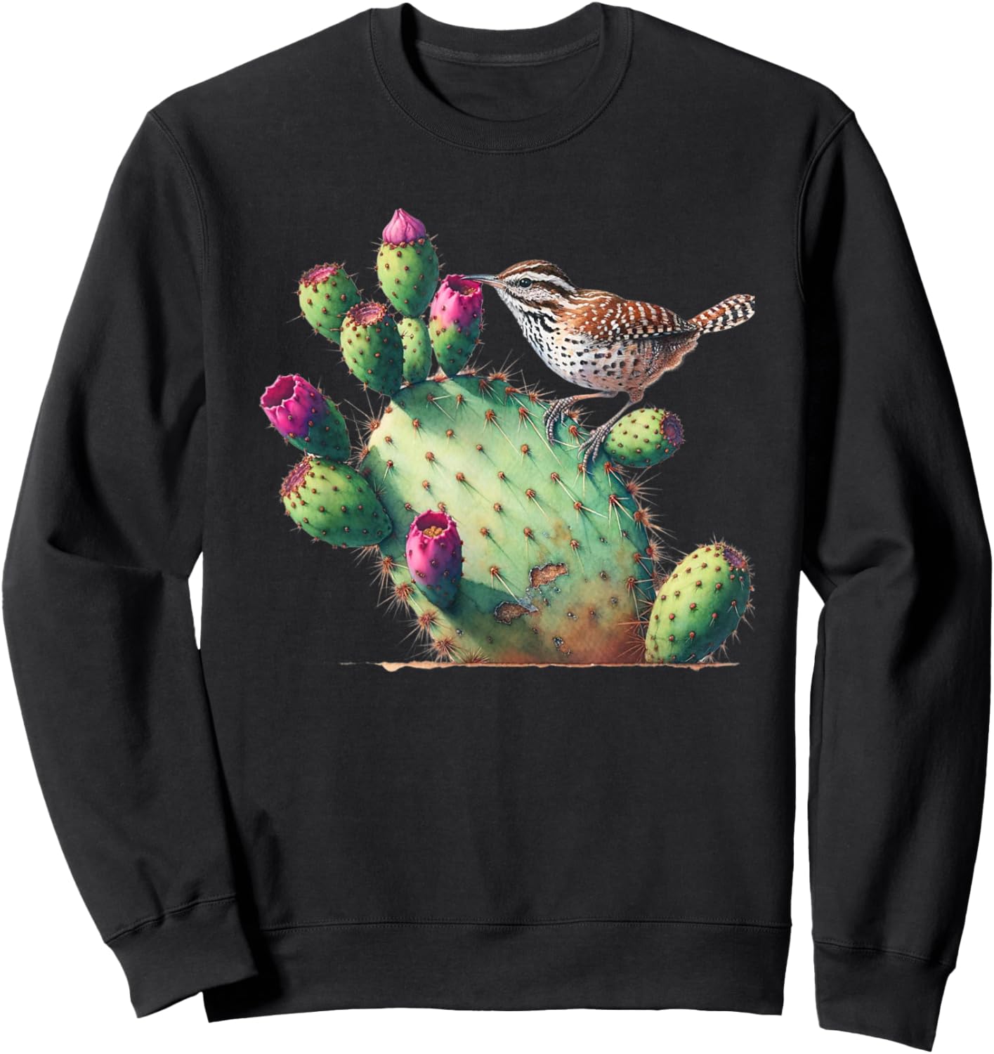 Cactus Wren & Prickly Pear Watercolor Art , Small, Black Sweatshirt - Sweatshirt | Black