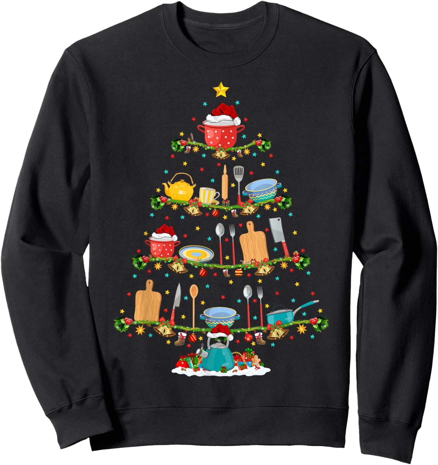 Cooking Lover Lights Xmas Santa Cooking Christmas Tree Sweatshirt - Sweatshirt | Black