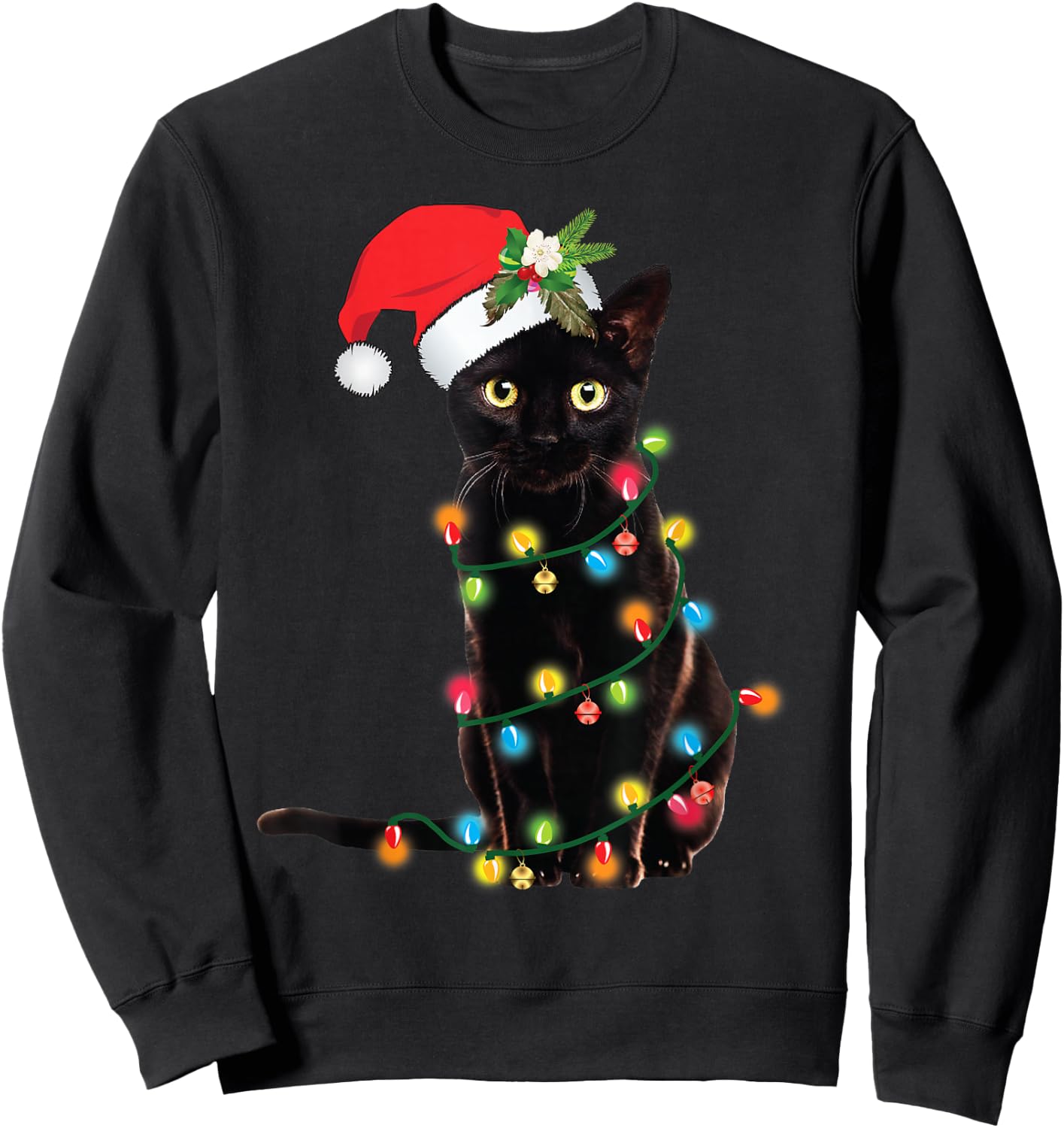 Santa Black Cat Tangled Up In Christmas Tree Lights Sweatshirt - Sweatshirt | Black