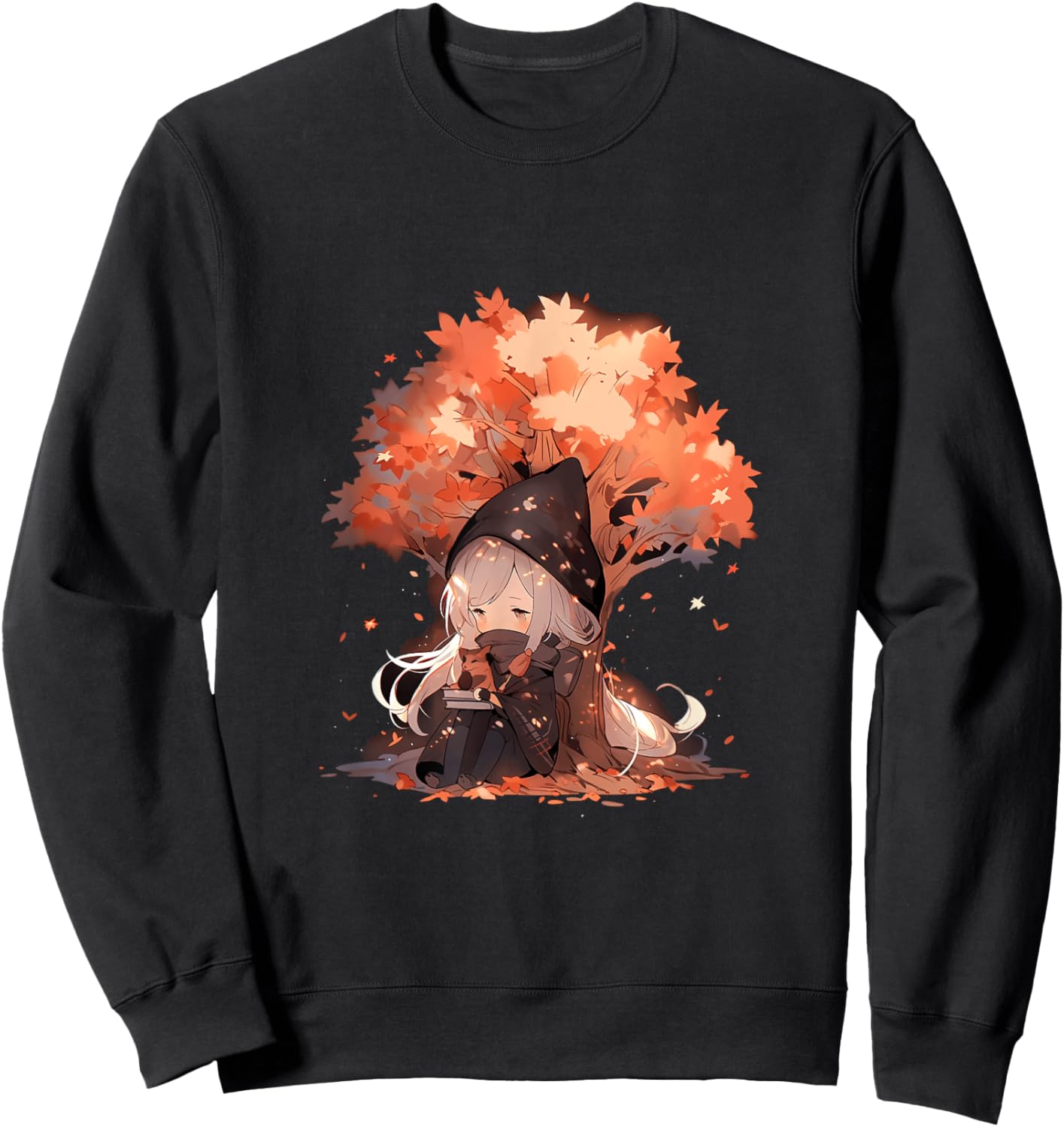 Chibi Girls Autumn Leaves Anime Kawaii Thanksgiving Sweatshirt - Sweatshirt | Black