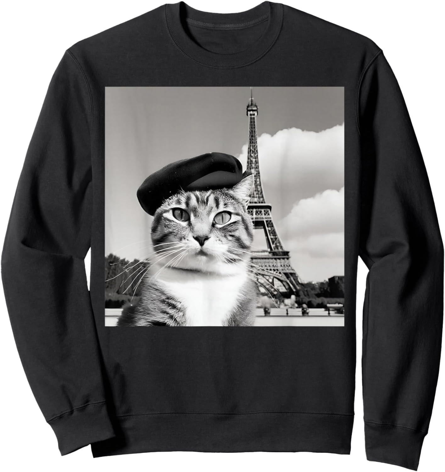 Funny Cat Wearing a Beret at The Eiffel Tower in France Sweatshirt - Sweatshirt | Black