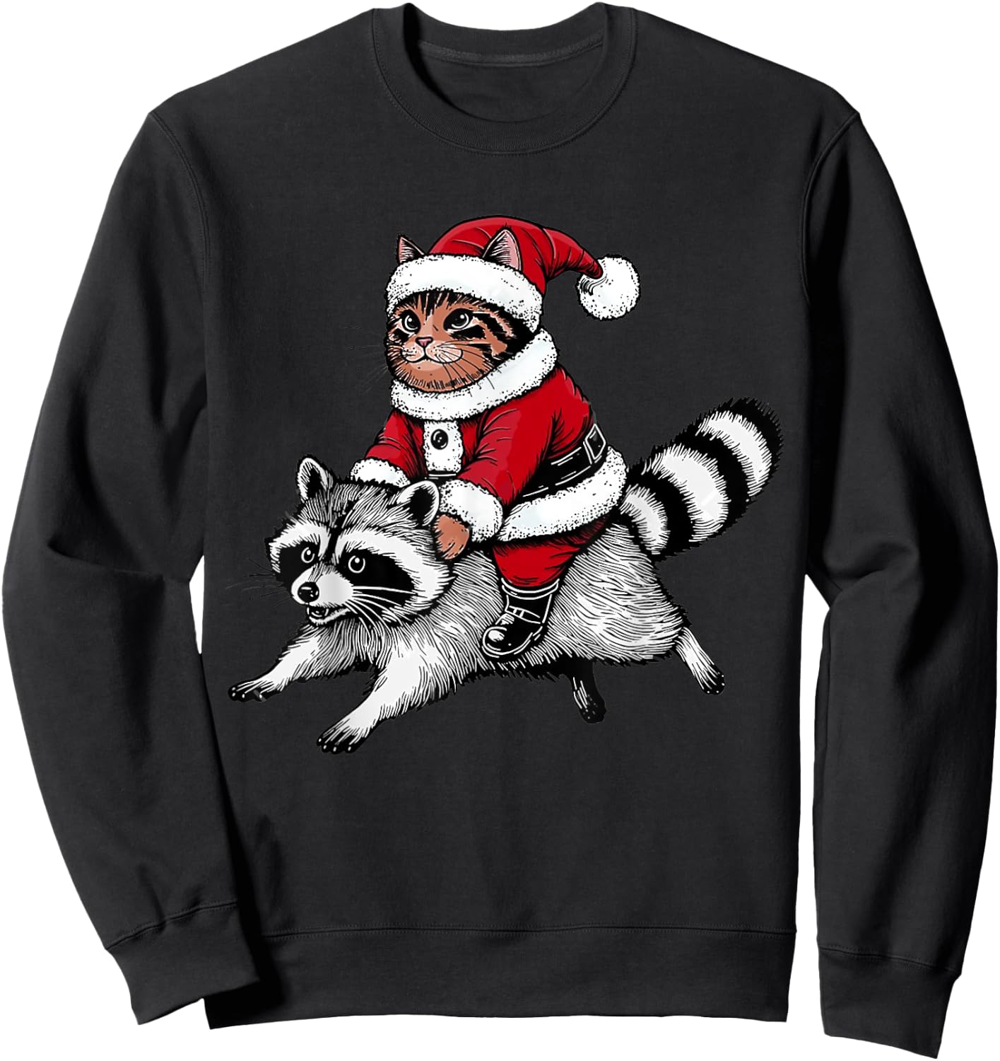 Santa Cat Riding A Raccoon Christmas Men Women Kids Sweatshirt - Sweatshirt | Black