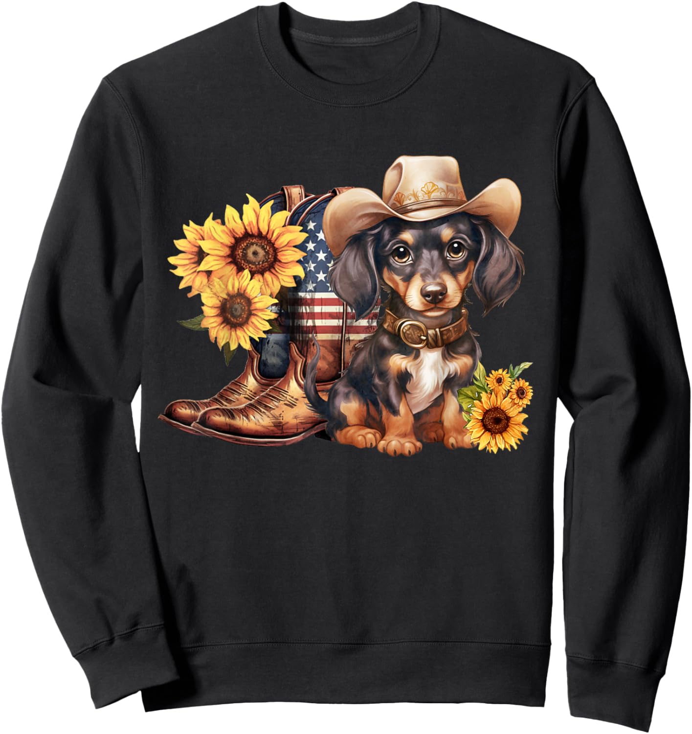 Patriotic Dachshund Dog Cowgirl Boots 4th Of July Sunflower Sweatshirt - Sweatshirt | Black