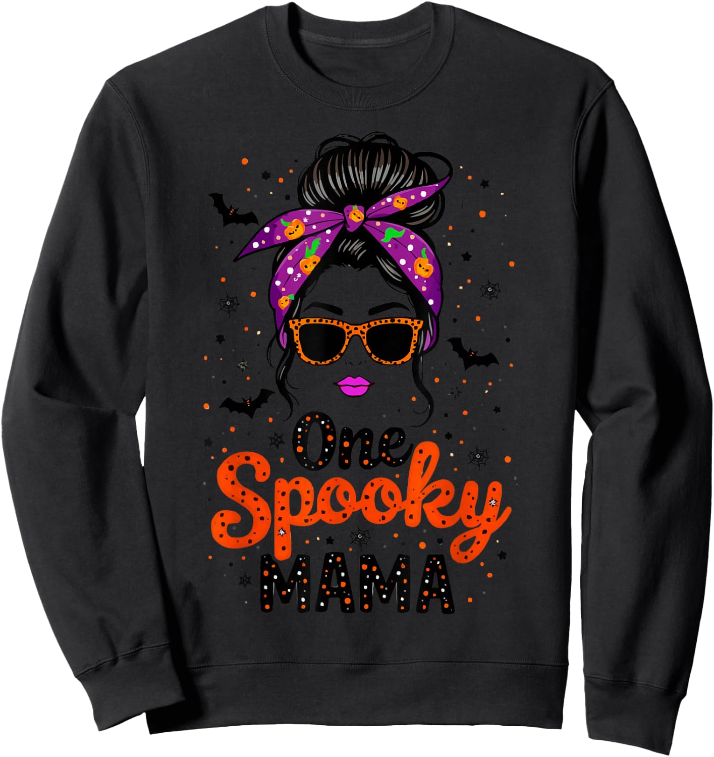 Funny One Spooky Mama Messy Bun Sunglasses Halloween Sweatshirt - Sweatshirt | Black