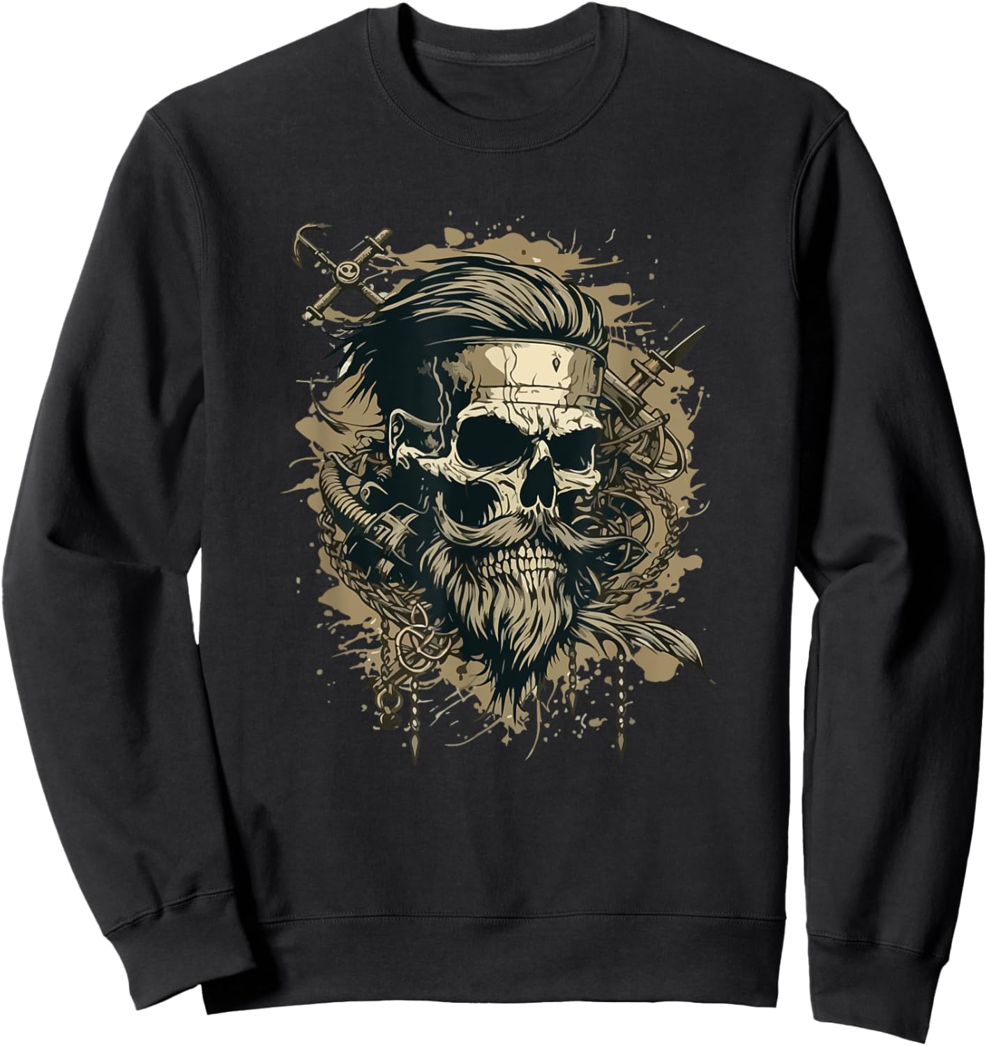 Skull Beard Undercut Pirate Vintage Captain Skeleton Biker Sweatshirt - Sweatshirt | Black