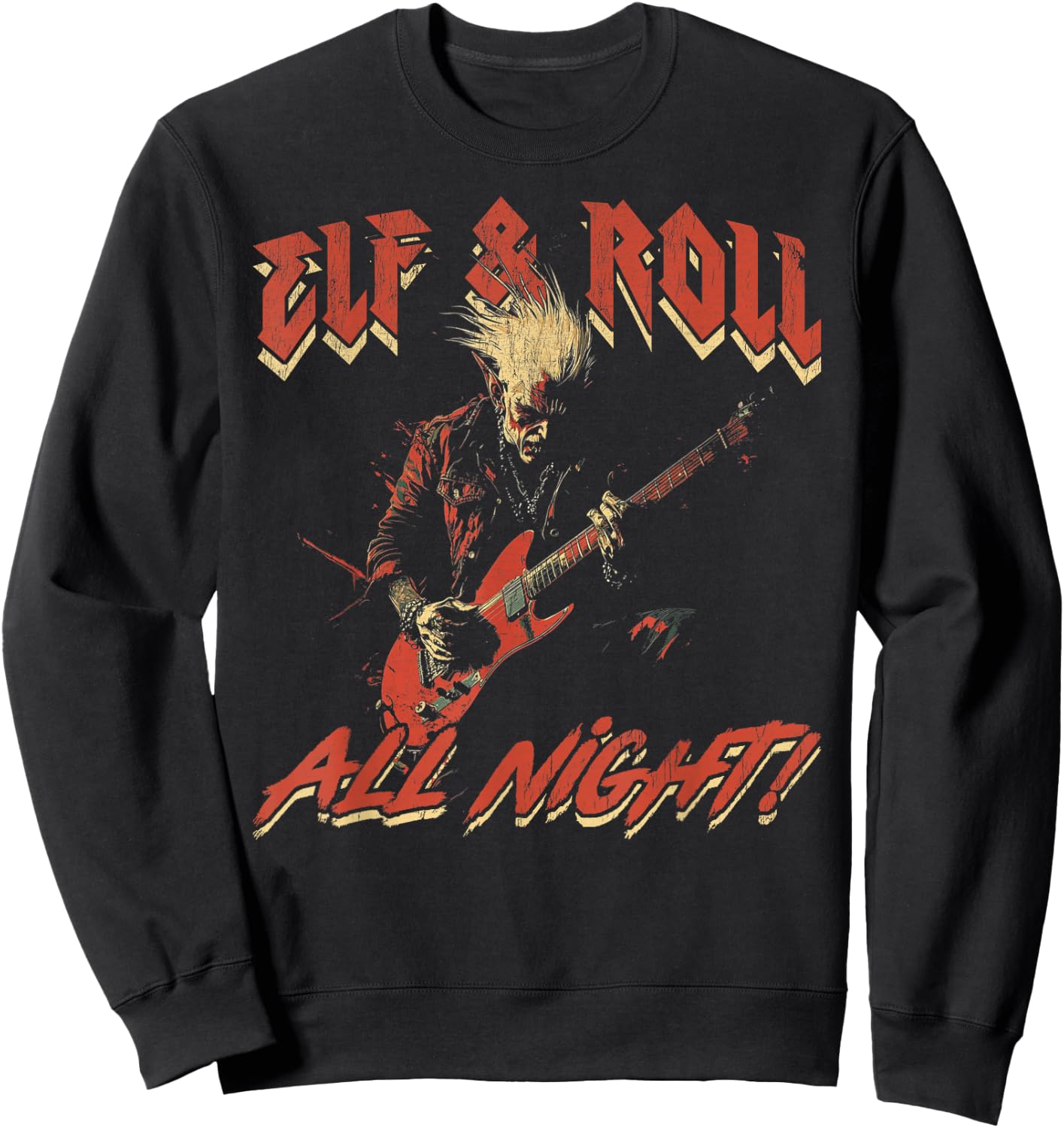 Elf & Roll All Night Rockin' Christmas Elf Music Sweatshirt - Sweatshirt | Black