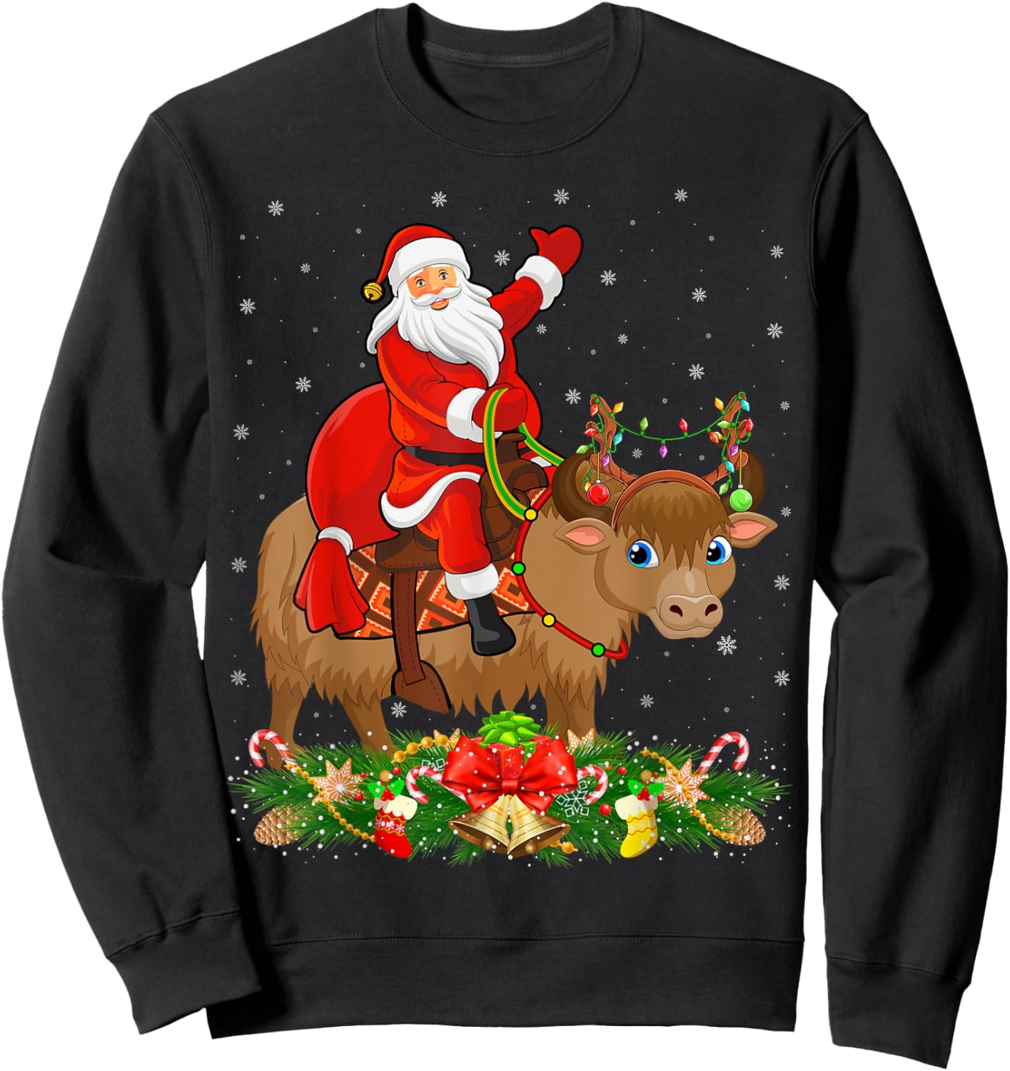 Xmas Decor Lights Funny Santa Riding Yak Christmas Sweatshirt - Sweatshirt | Black
