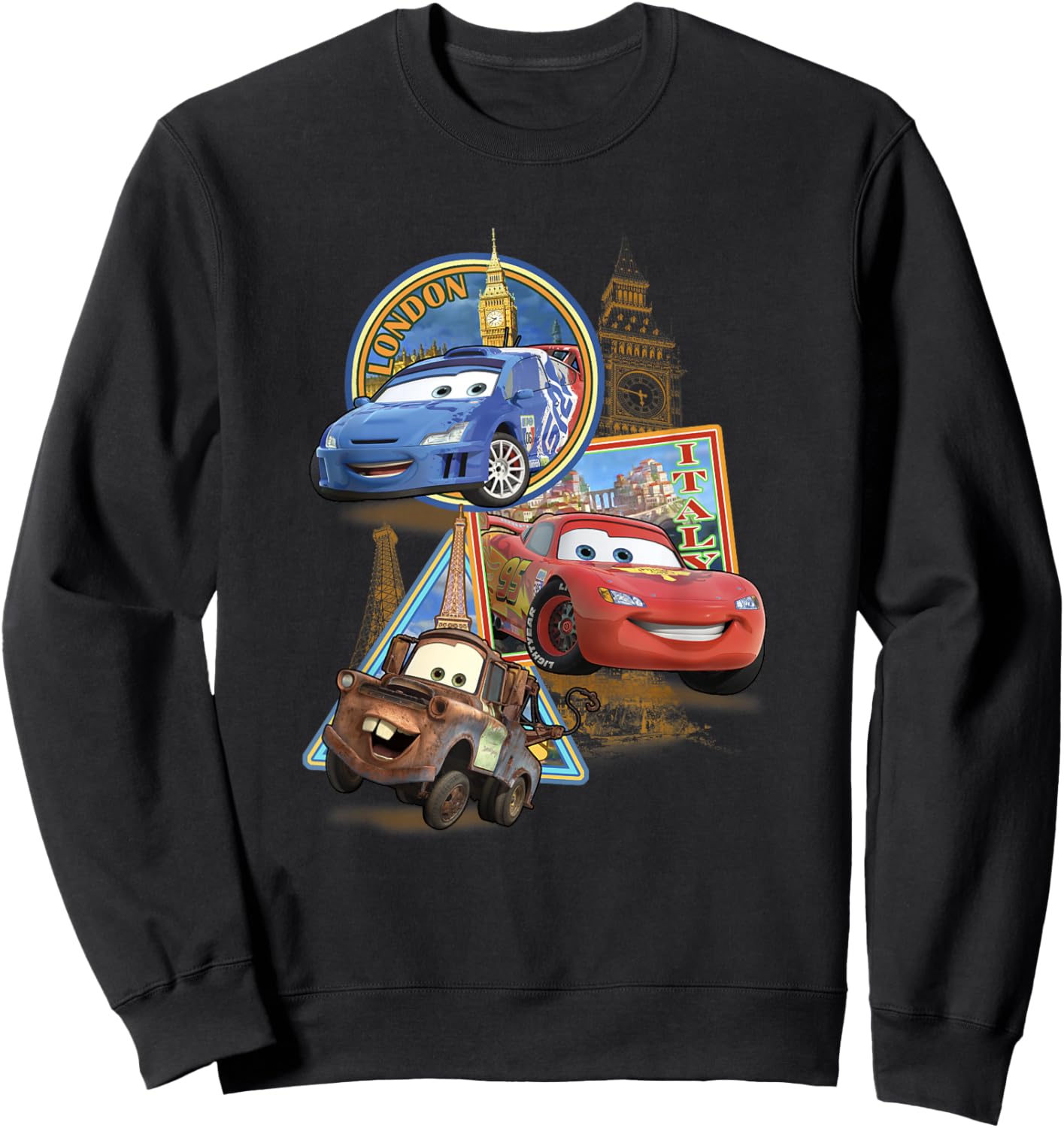 Disney Pixar Cars 2 London Italy Paris World Tour Postcards Sweatshirt - Sweatshirt | Black