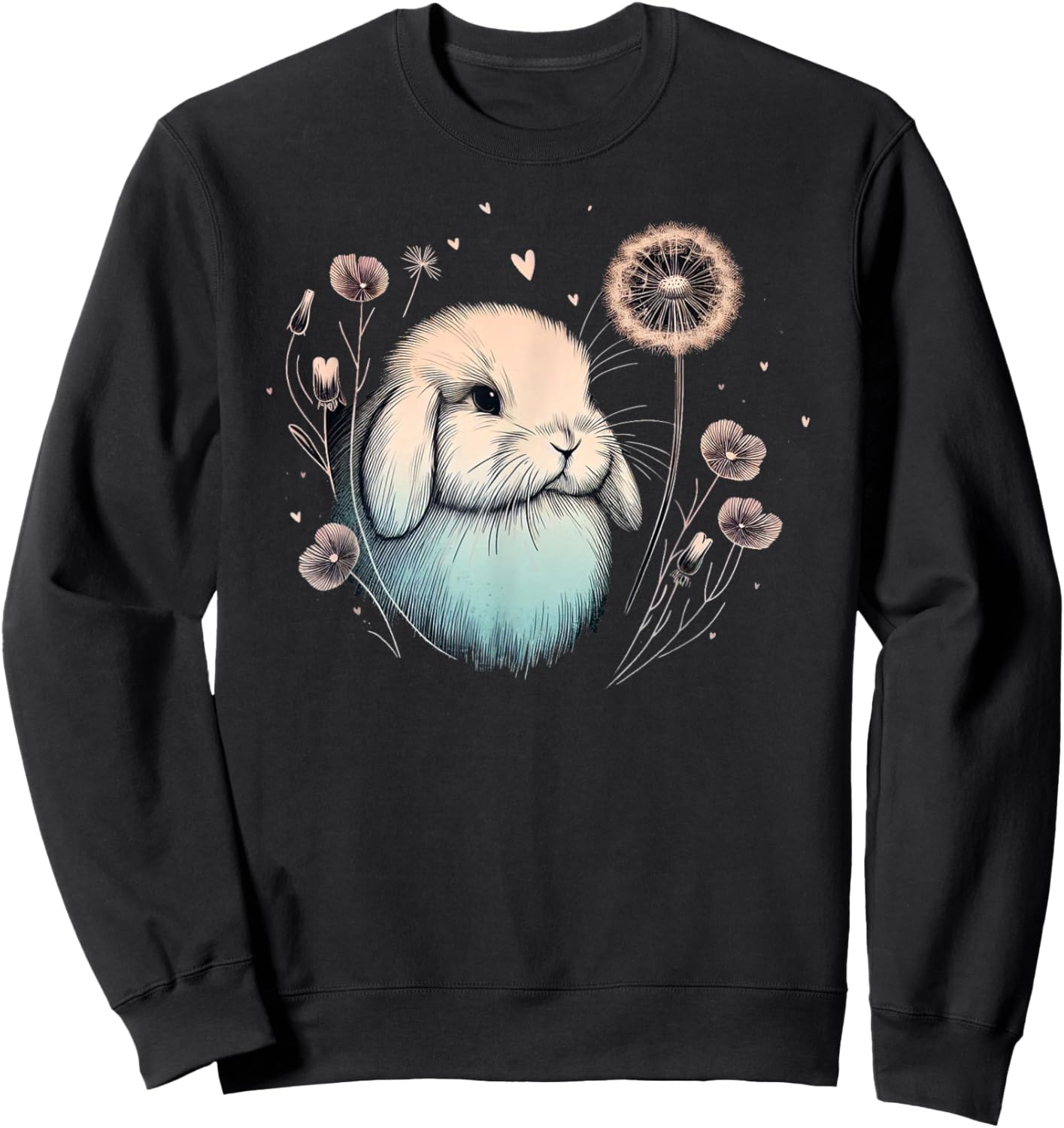 Love Holland Lop Rabbit Dandelion Floral Watercolor Bunny Sweatshirt - Sweatshirt | Black