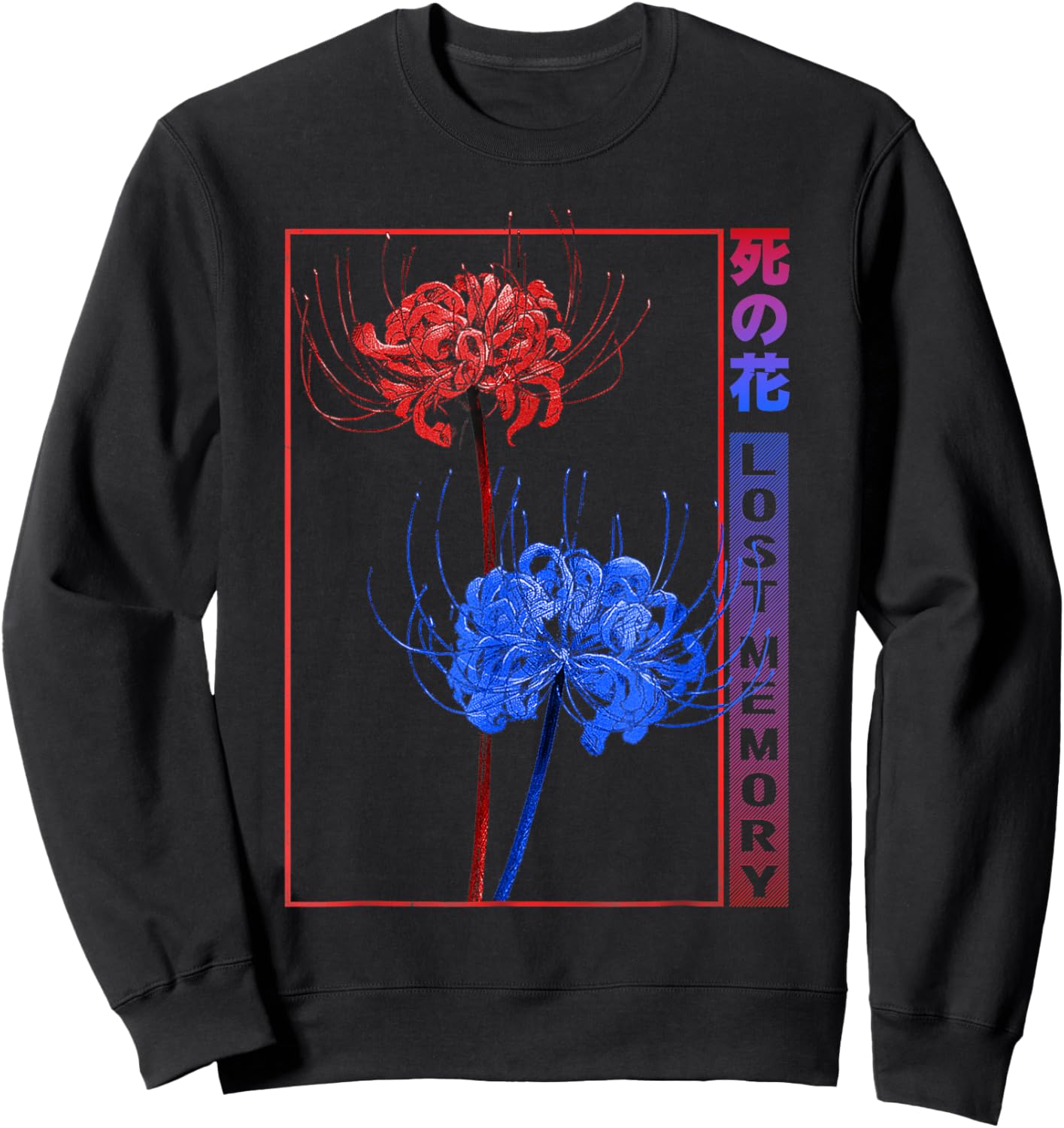 Japanese Red Blue Spider Lily Soft Grunge Aesthetic Flower Sweatshirt - Sweatshirt | Black