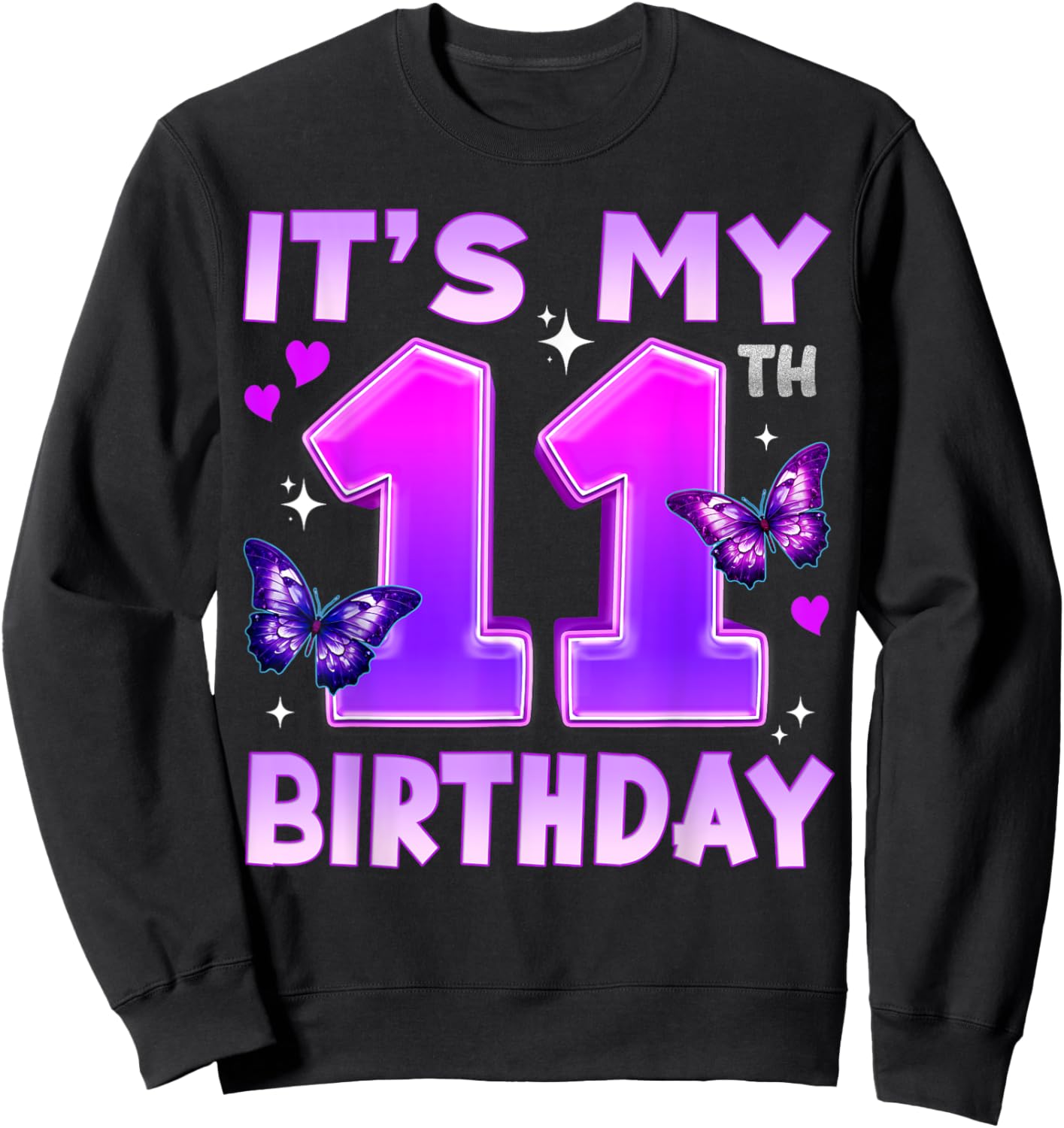 11th Birthday Cute Butterfly Bday 11 Year Old Birthday Girl Sweatshirt - Sweatshirt | Black