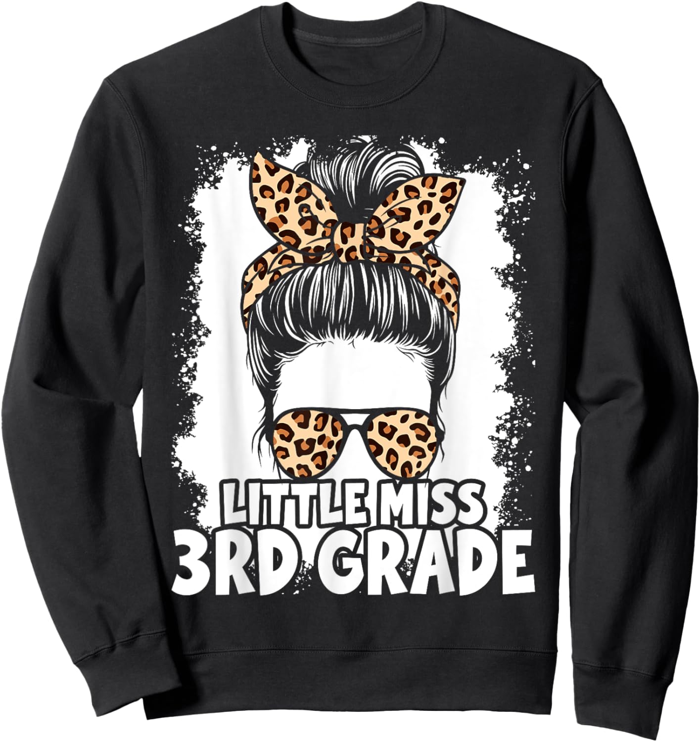 Hello 3rd Grade Messy Hair Bun Girl Leopard Back To School Sweatshirt - Sweatshirt | Black