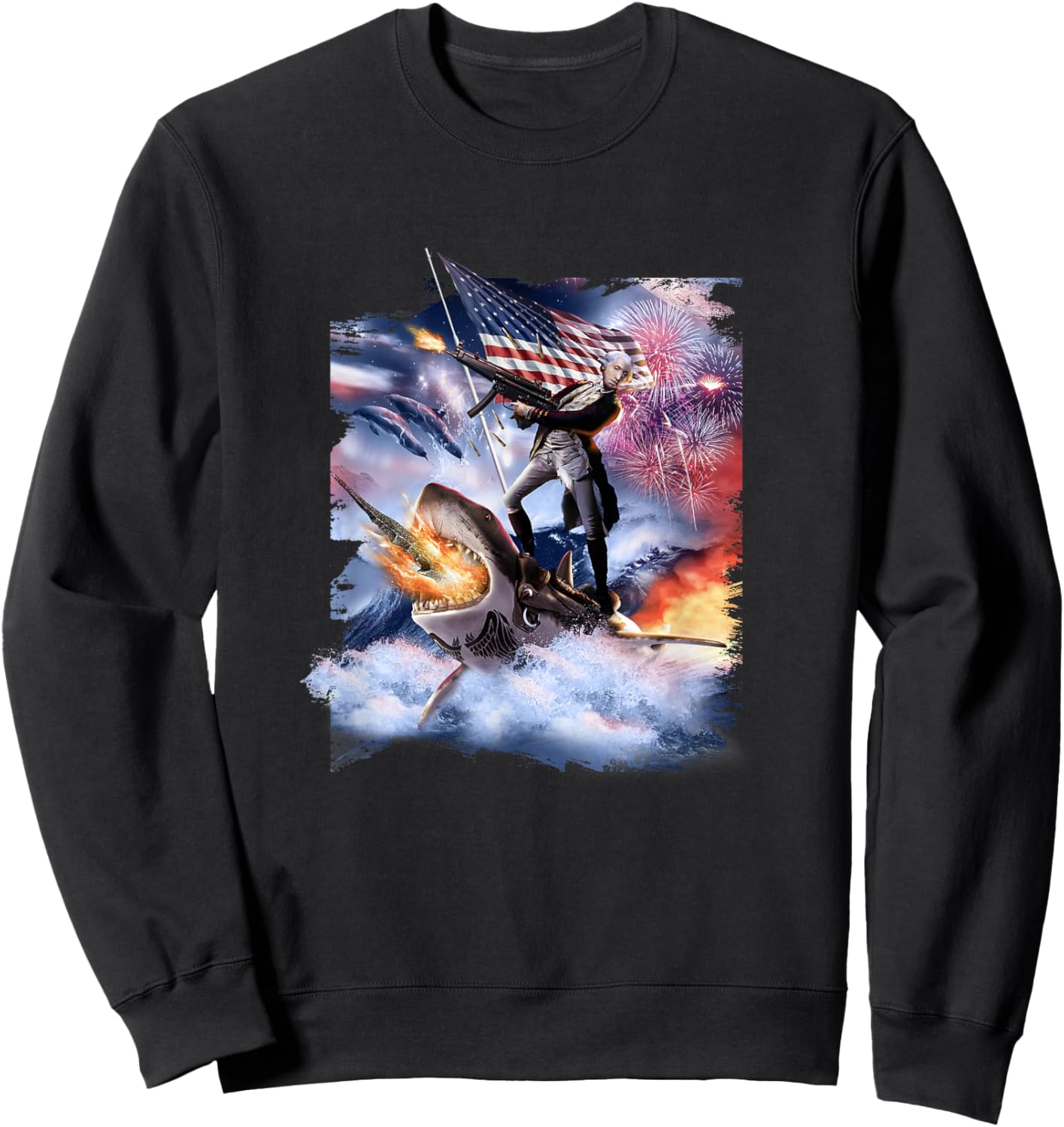 George Washington Riding Shark American Patriotic Funny Men Sweatshirt - Sweatshirt | Black
