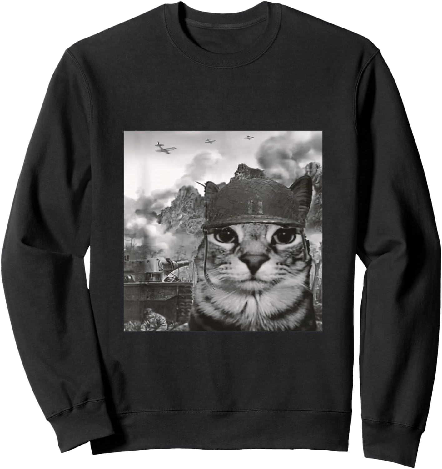 War Cat in The Battlefield, Kitten Soldier Selfie in Battle Sweatshirt - Sweatshirt | Black