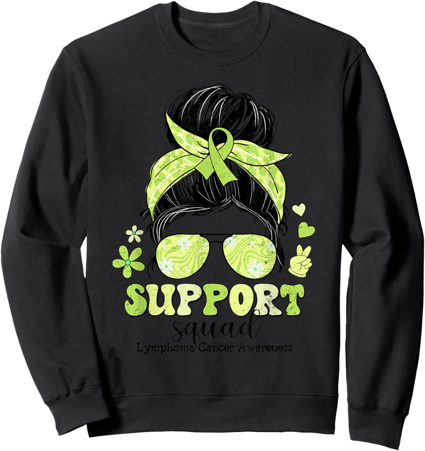 Groovy Support Squad Messy Bun Lymphoma Cancer Awareness Sweatshirt - Sweatshirt | Black
