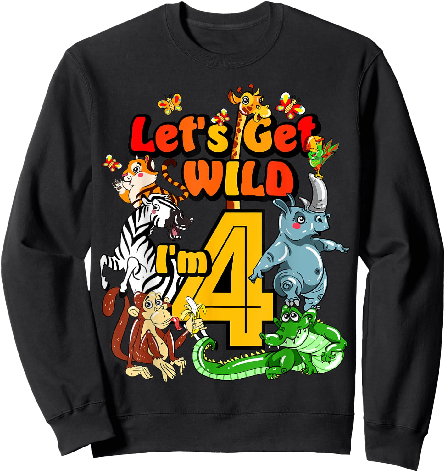 Kids 4 Year Old Zoo Birthday Shirt Safari Jungle Animal 4th Sweatshirt - Sweatshirt | Black