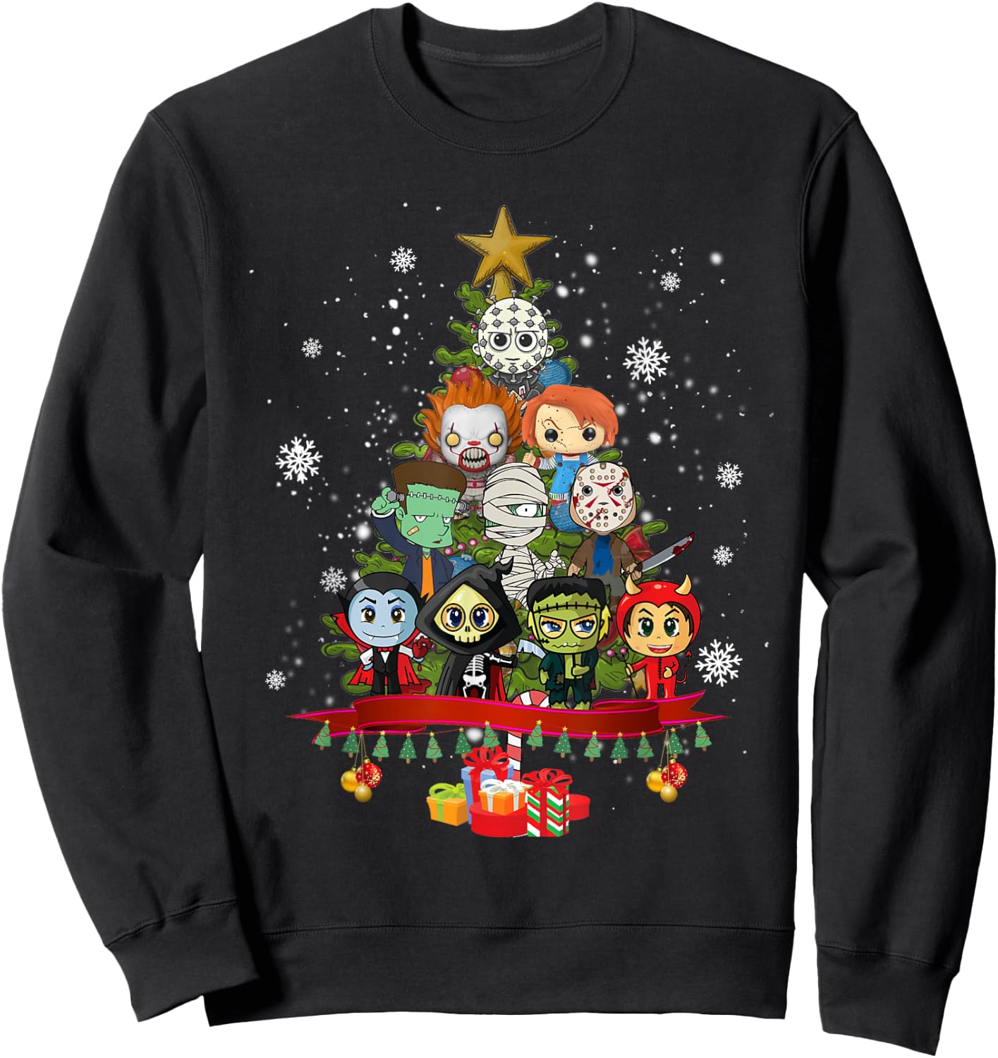 Horror Halloween Christmas Tree Xmas Decor Scary Characters Sweatshirt - Sweatshirt | Black