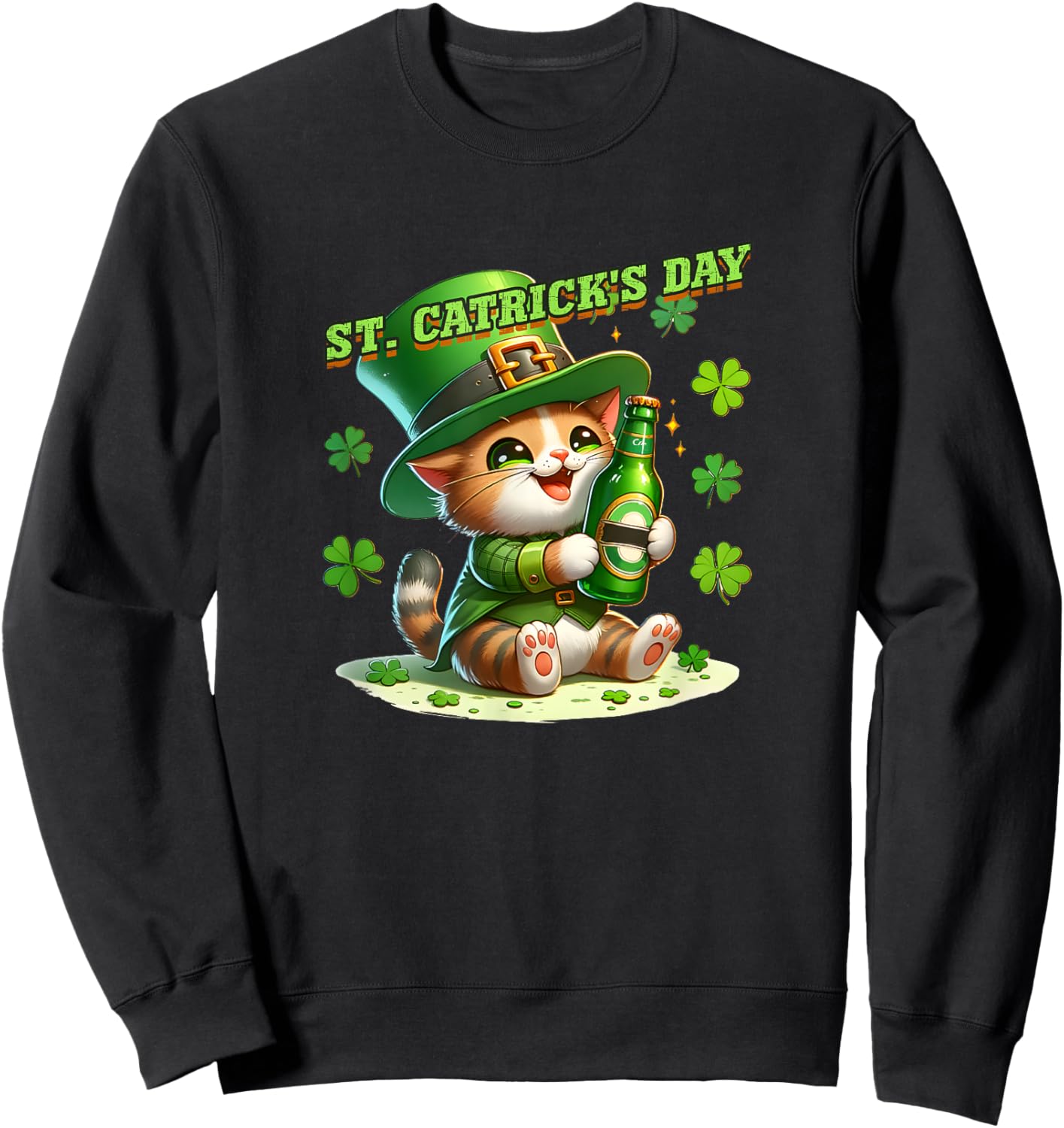 St. Patricks Day Irish Green St. Catricks Day Cats Shamrock Sweatshirt - Sweatshirt | Black