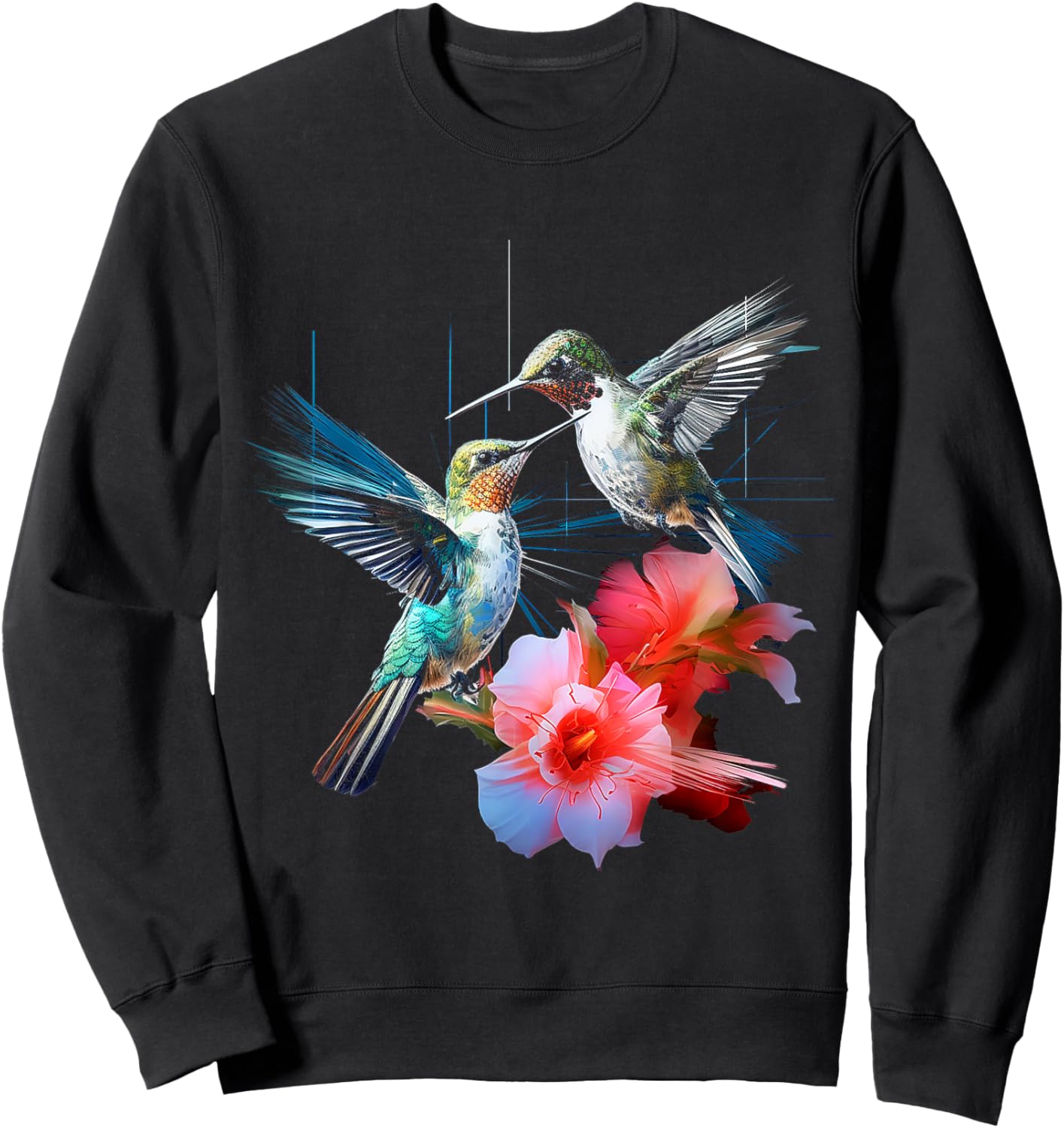 Hummingbird Flowers Fantasy Colorful Animal Art Bird Sweatshirt - Sweatshirt | Black