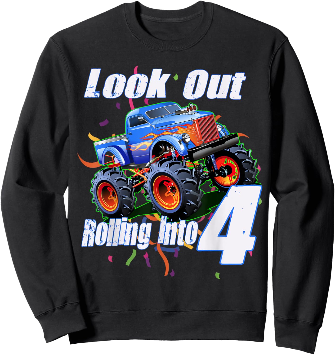 Kids 4 Year Old 4th Birthday Boy Monster Truck Car Sweatshirt - Sweatshirt | Black