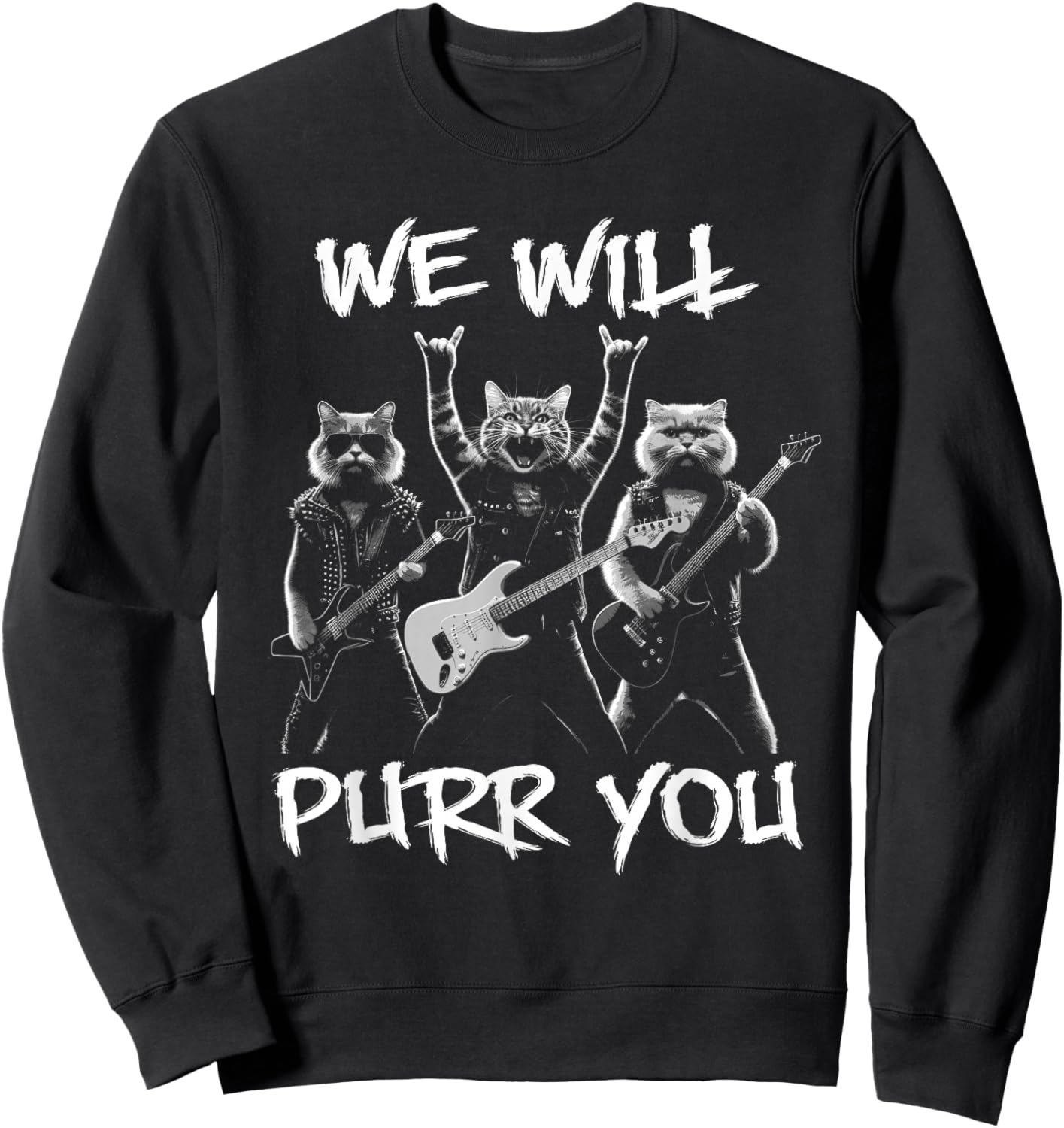 Cat Rock Band with Electric Guitars Funny Vintage Sweatshirt - Sweatshirt | Black