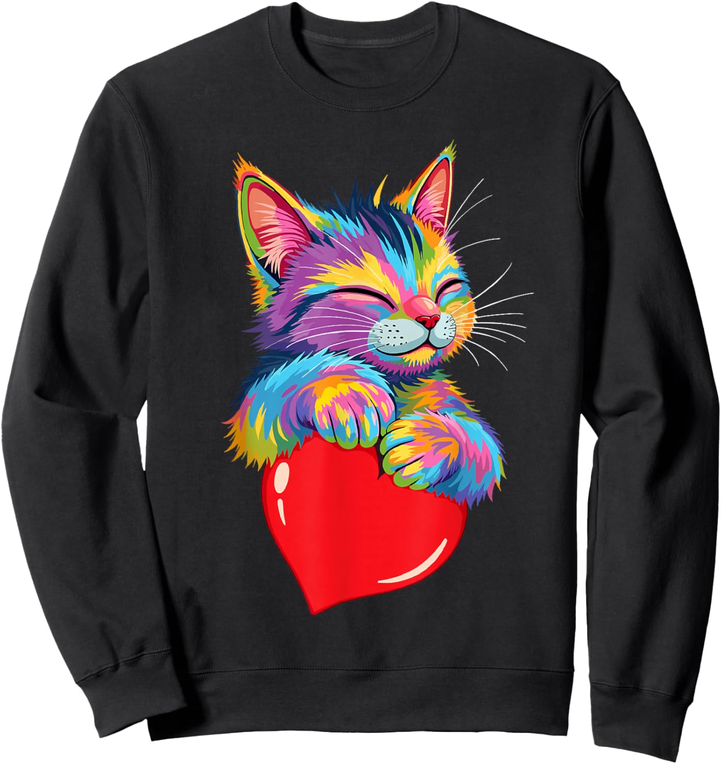 Valentines Day Cat And Love Heart Women Girls Cats Lover Sweatshirt - Sweatshirt | Black
