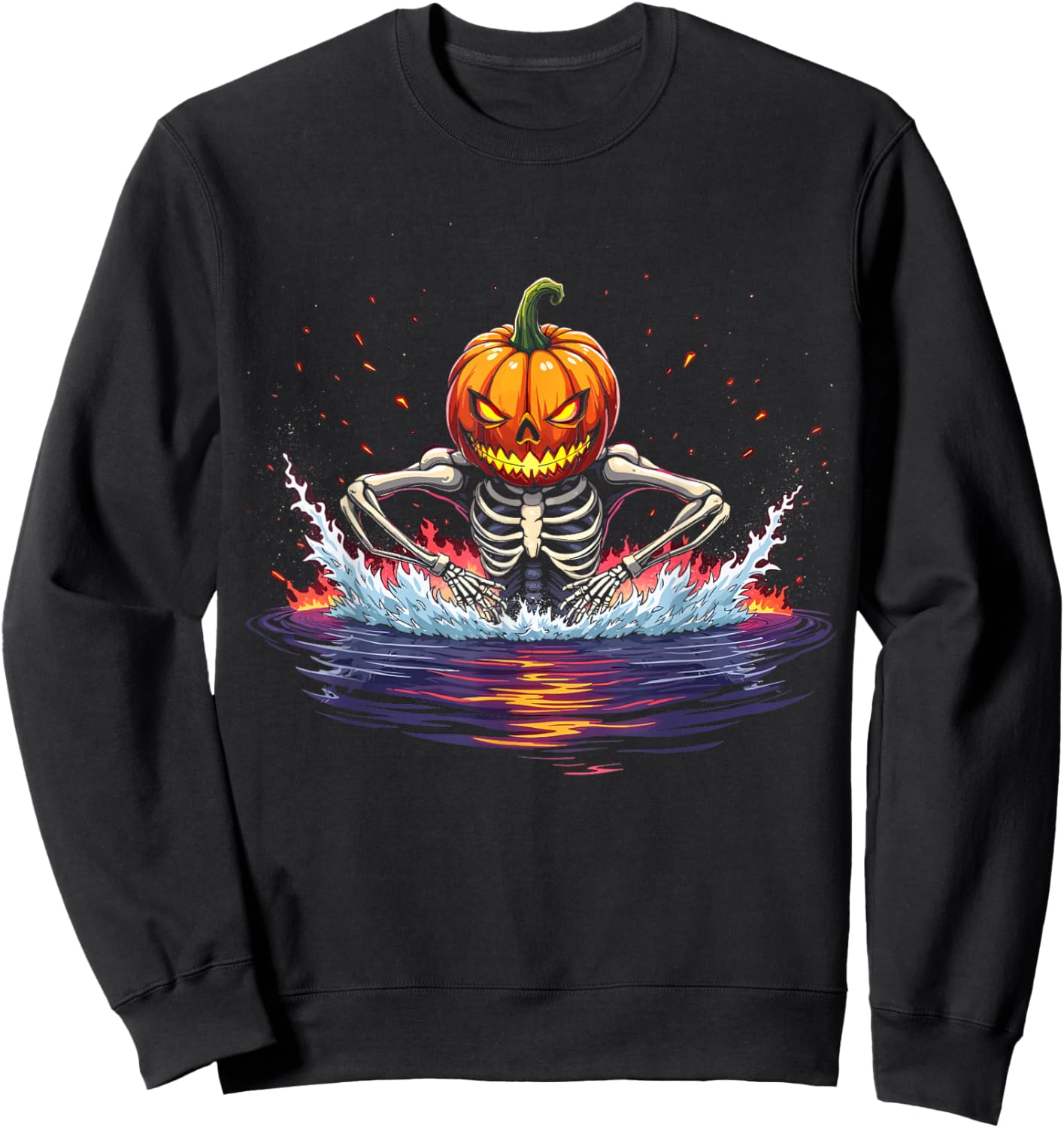 Pumpkin Head Skeleton Swimming Halloween Spooky Sports Sweatshirt - Sweatshirt | Black